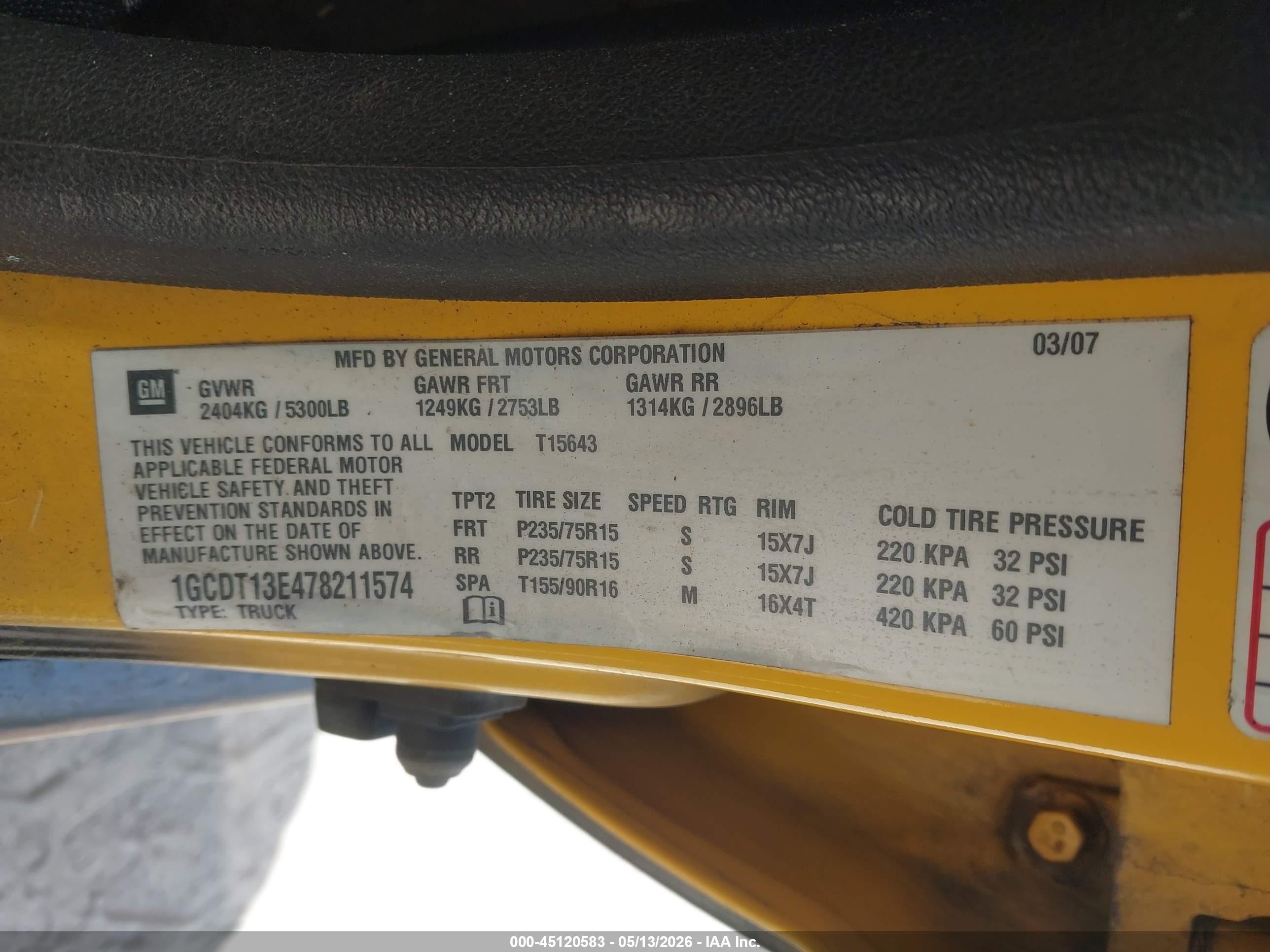 2007 Chevrolet Colorado Lt Yellow vin: 1GCDT13E478211574