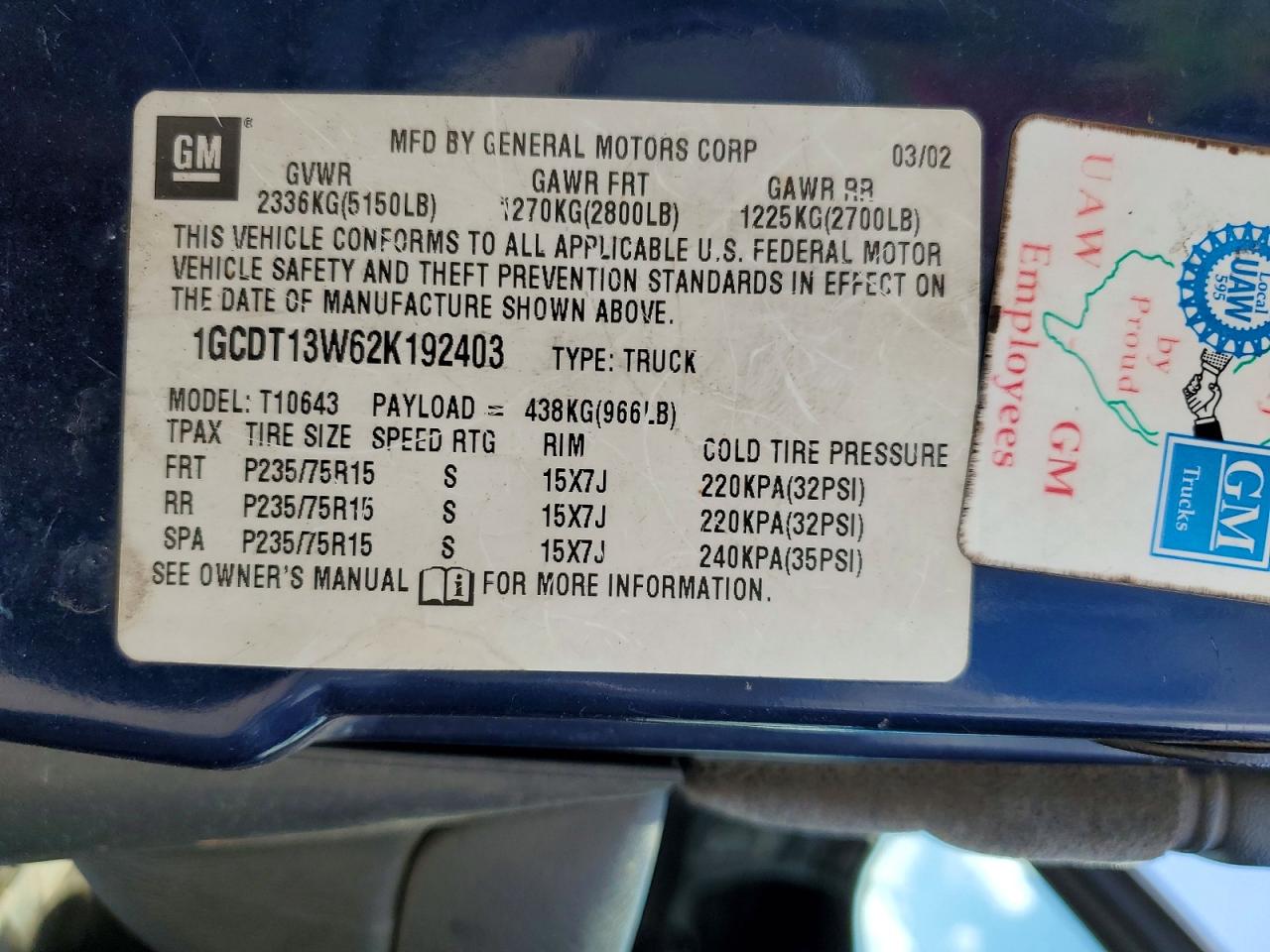 2002 Chevrolet .s10 Синий vin: 1GCDT13W62K192403