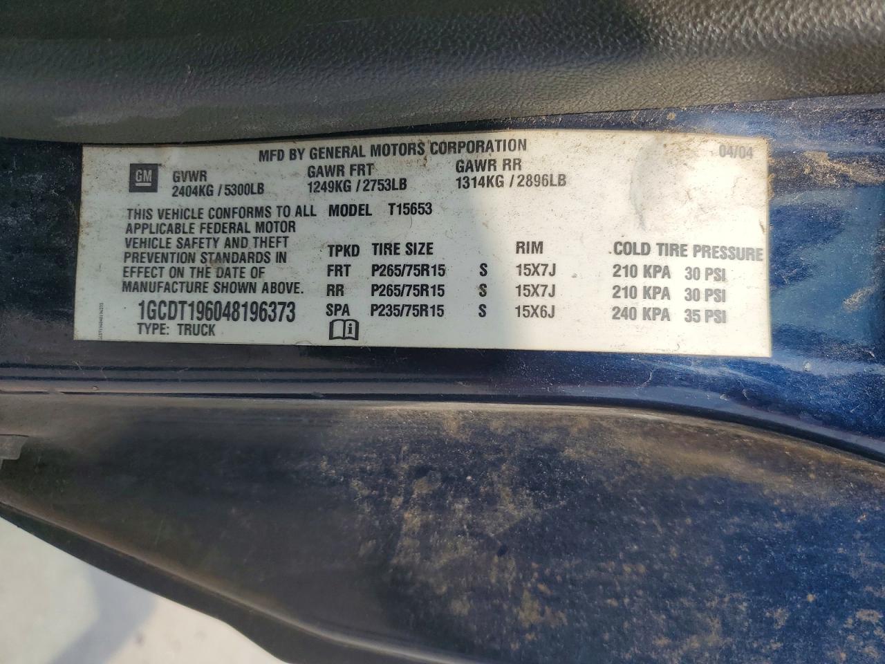 2004 Chevrolet Colorado Blue vin: 1GCDT196048196373