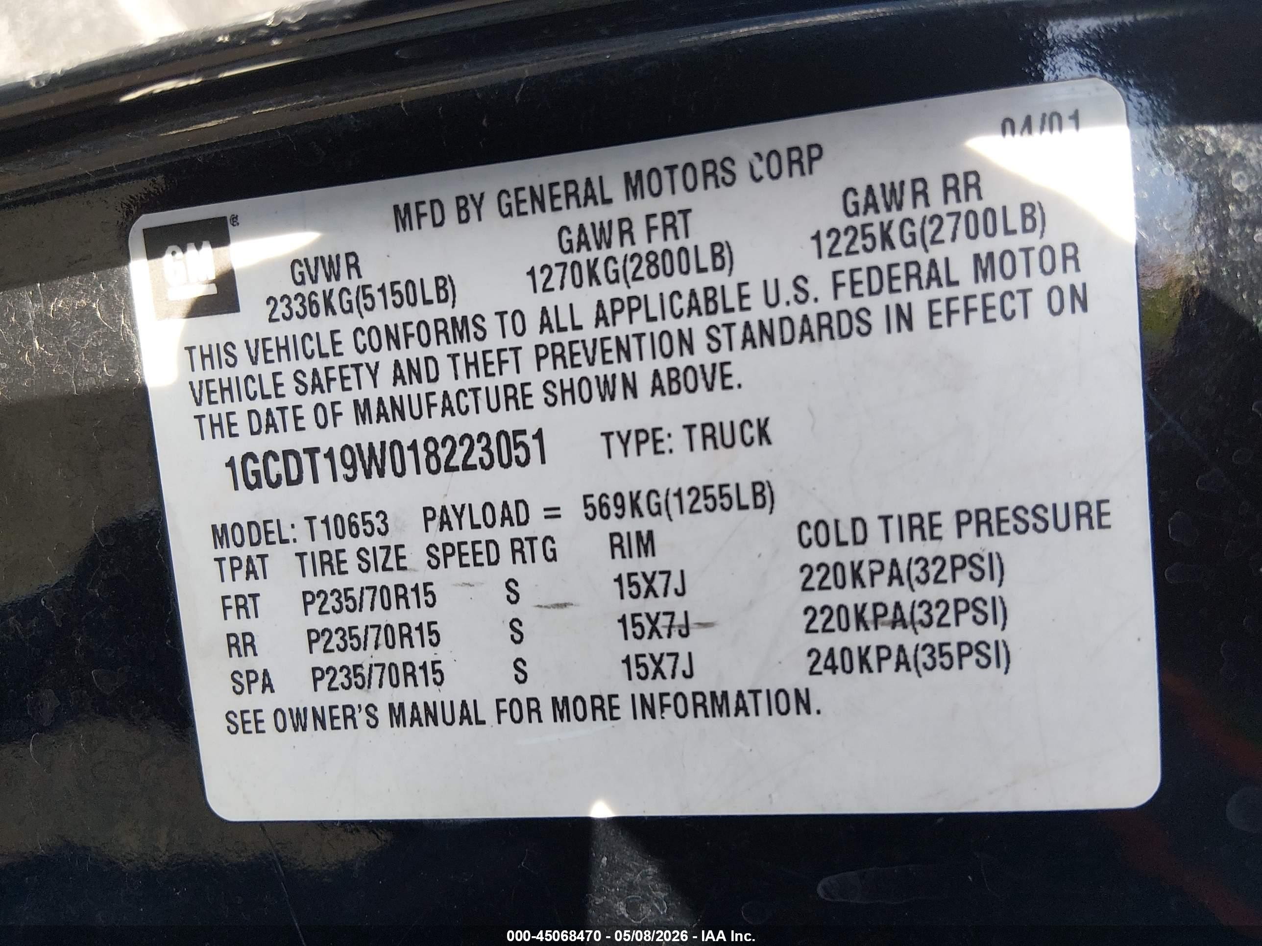 2001 Chevrolet S-10 Ls Black vin: 1GCDT19W018223051