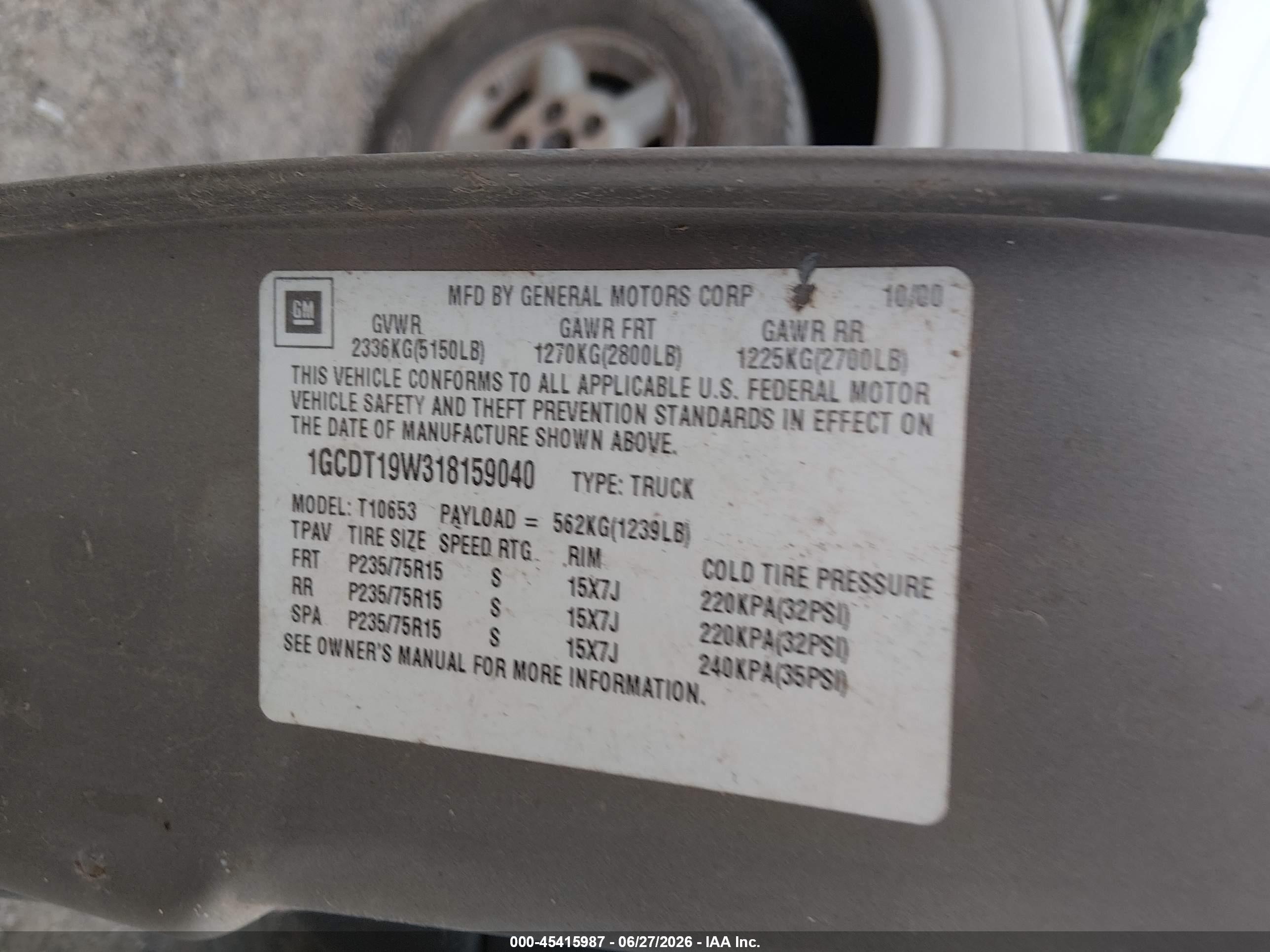 2001 Chevrolet S-10 Ls Золотой vin: 1GCDT19W318159040