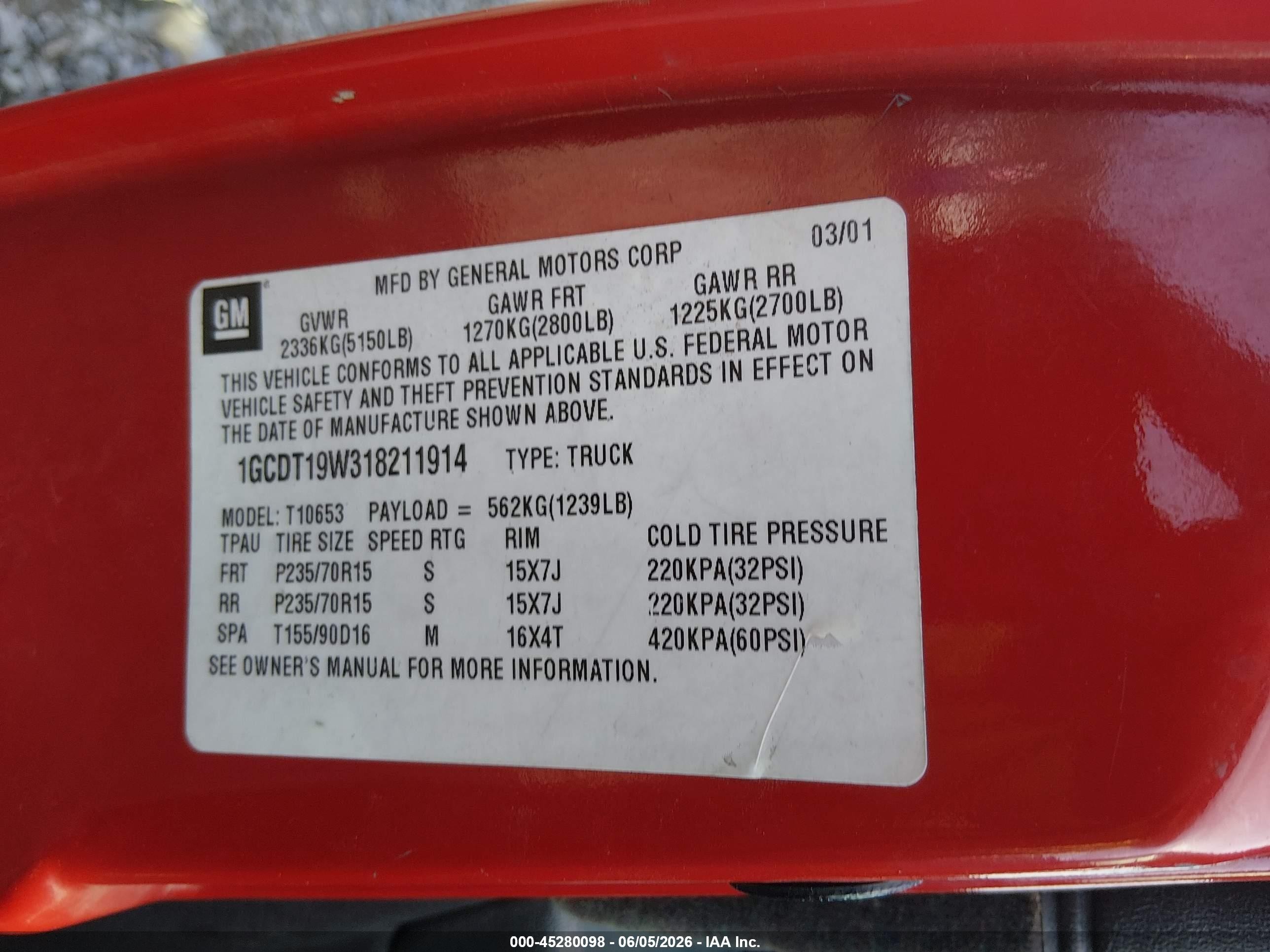 2001 Chevrolet S-10 Ls Red vin: 1GCDT19W318211914