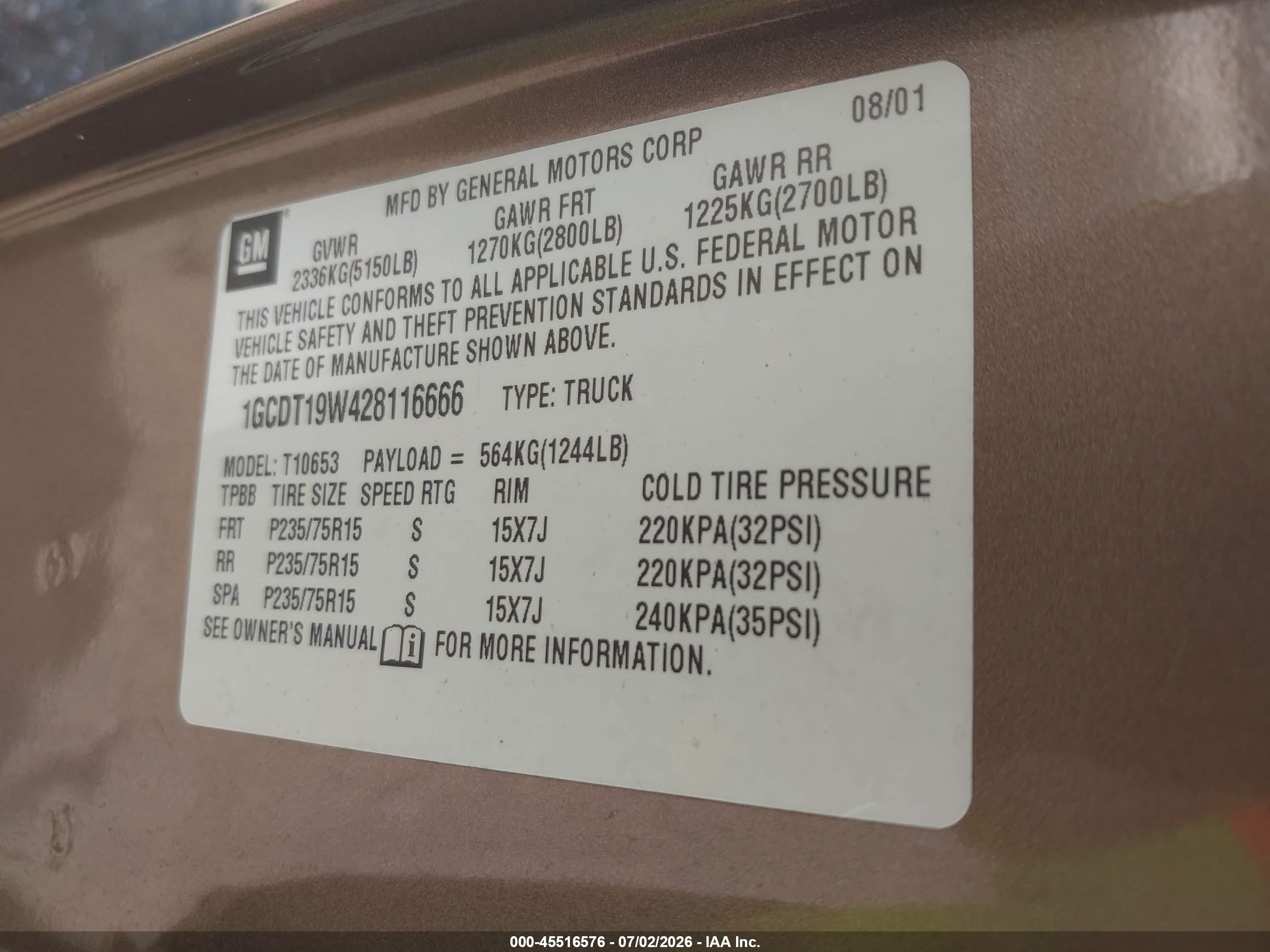 2002 Chevrolet S-10 Ls Коричневый vin: 1GCDT19W428116666