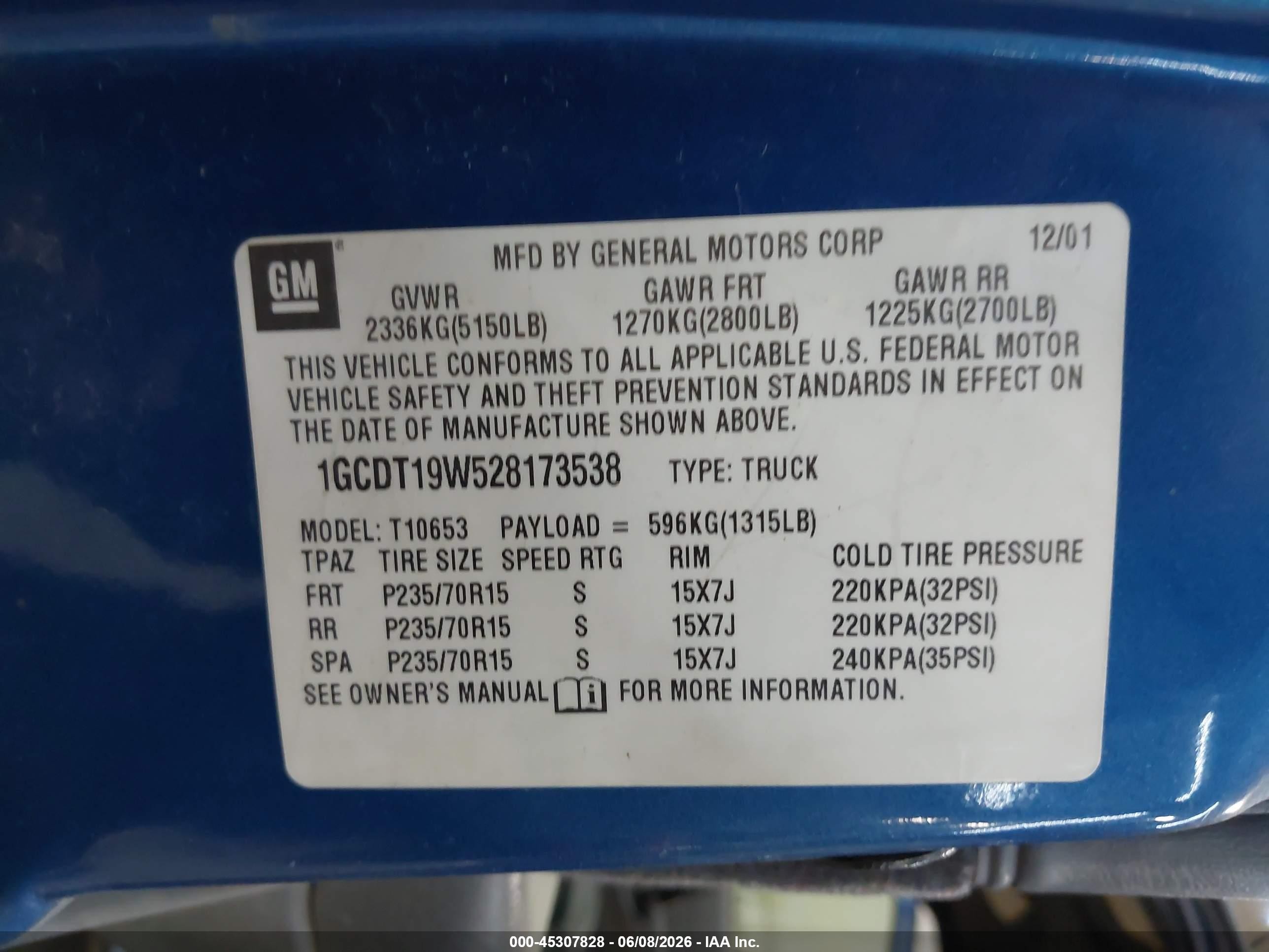 2002 Chevrolet S-10   Blue vin: 1GCDT19W528173538