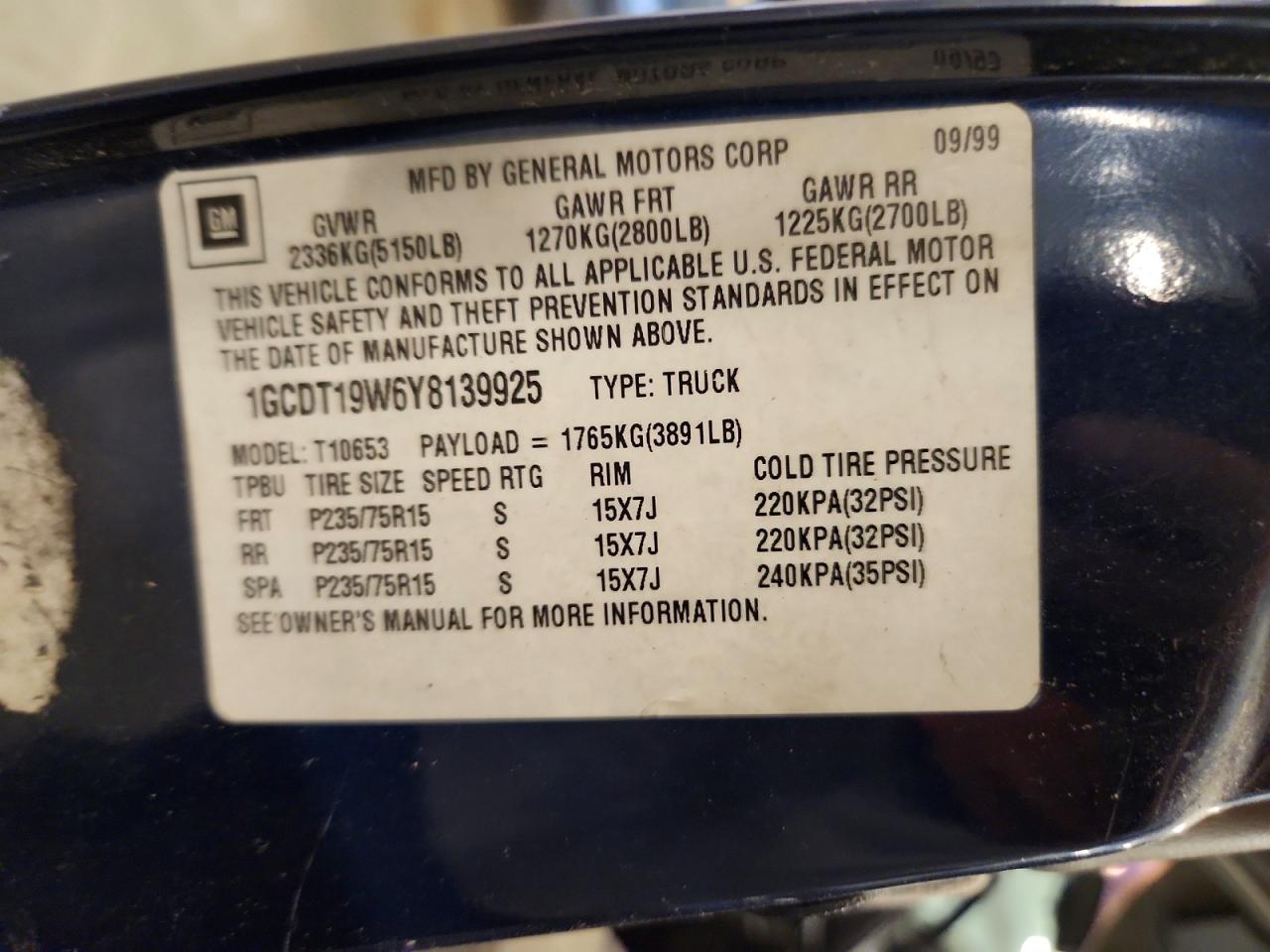 2000 Chevrolet S Truck S10 Blue vin: 1GCDT19W6Y8139925