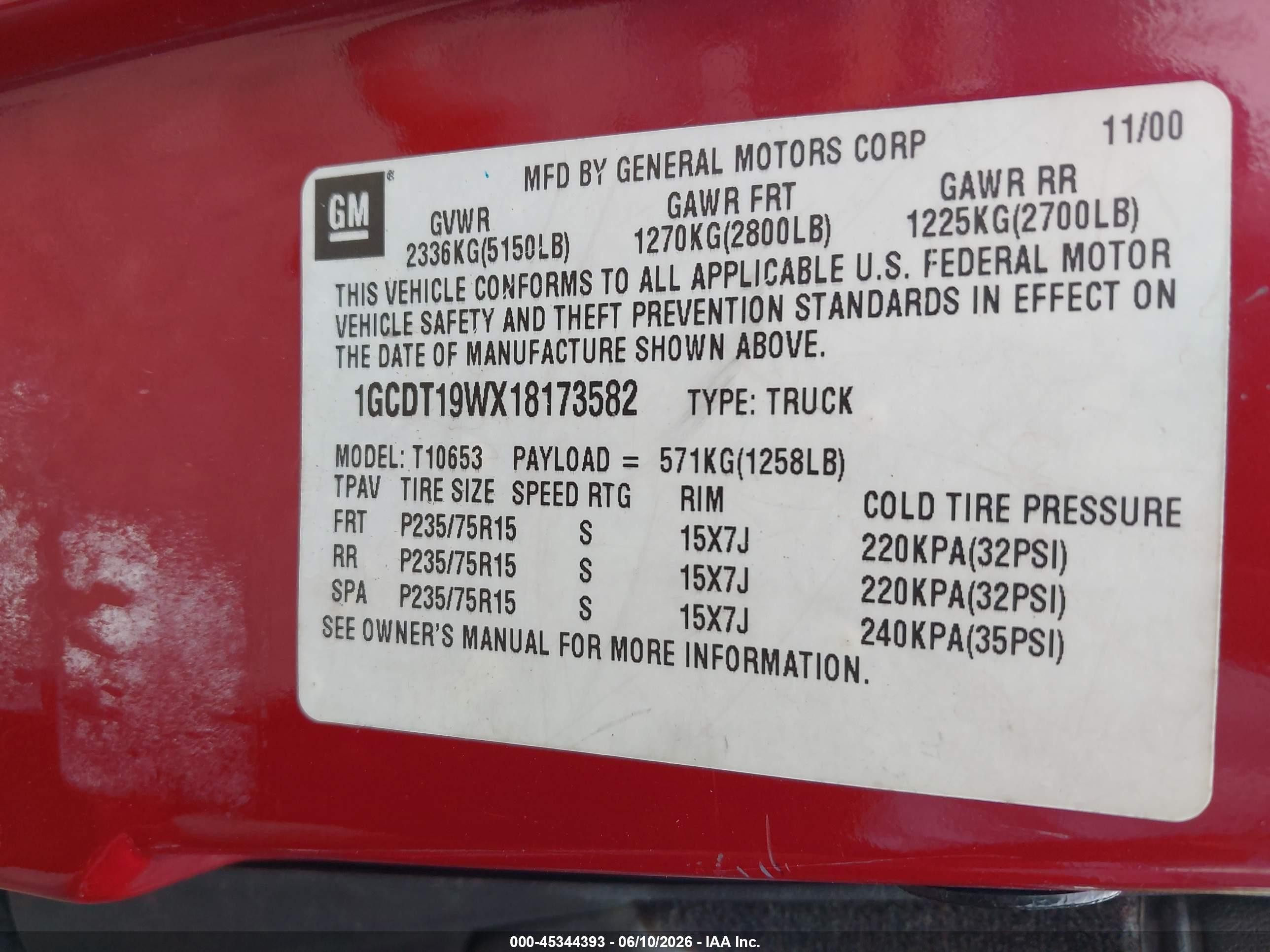 2001 Chevrolet S-10 Ls Red vin: 1GCDT19WX18173582
