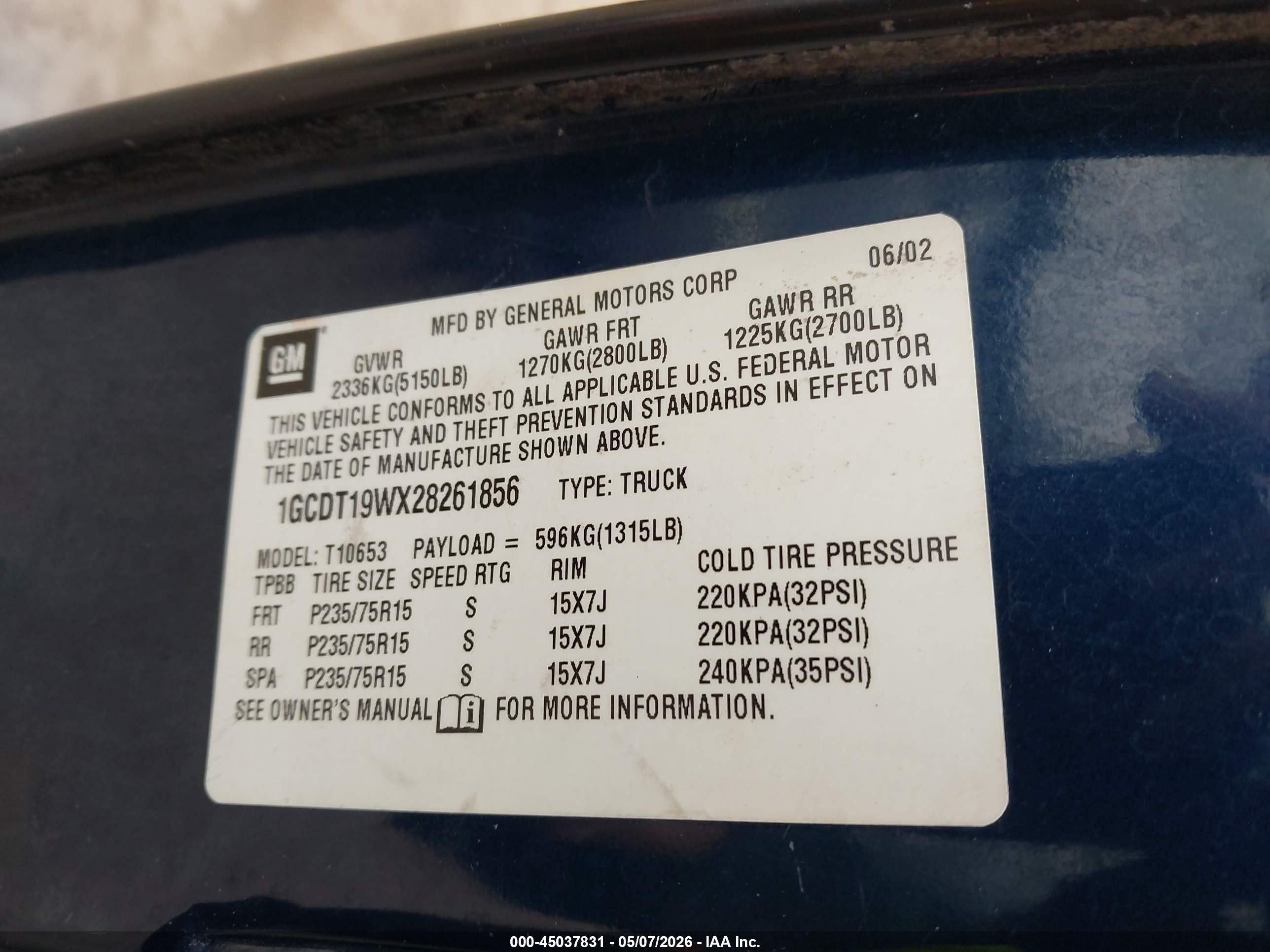 2002 Chevrolet S-10 Ls Blue vin: 1GCDT19WX28261856