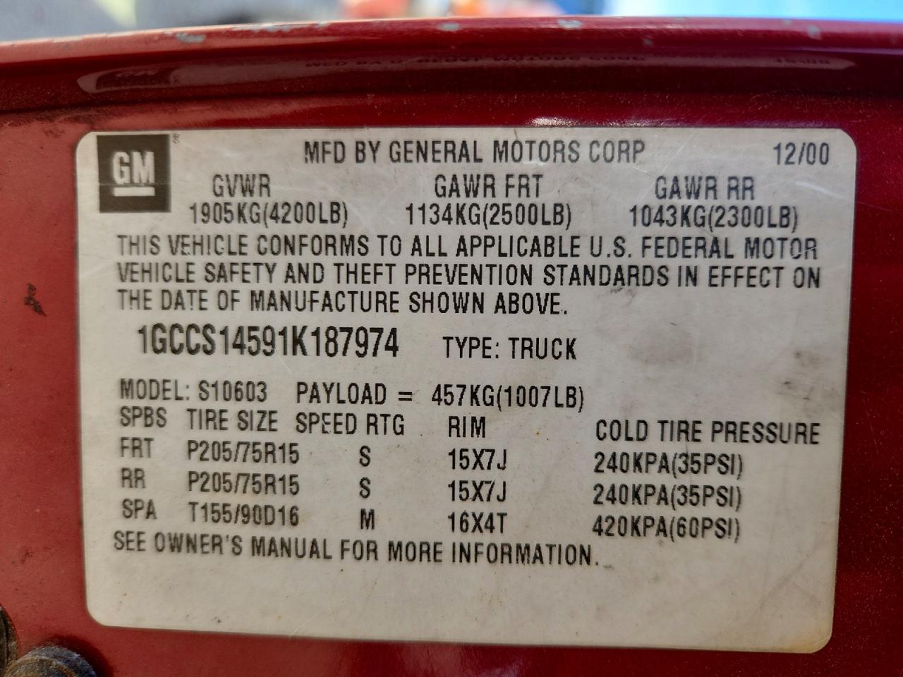 2003 Chevrolet S Truck S10 Red vin: 1GCDT19X438256940