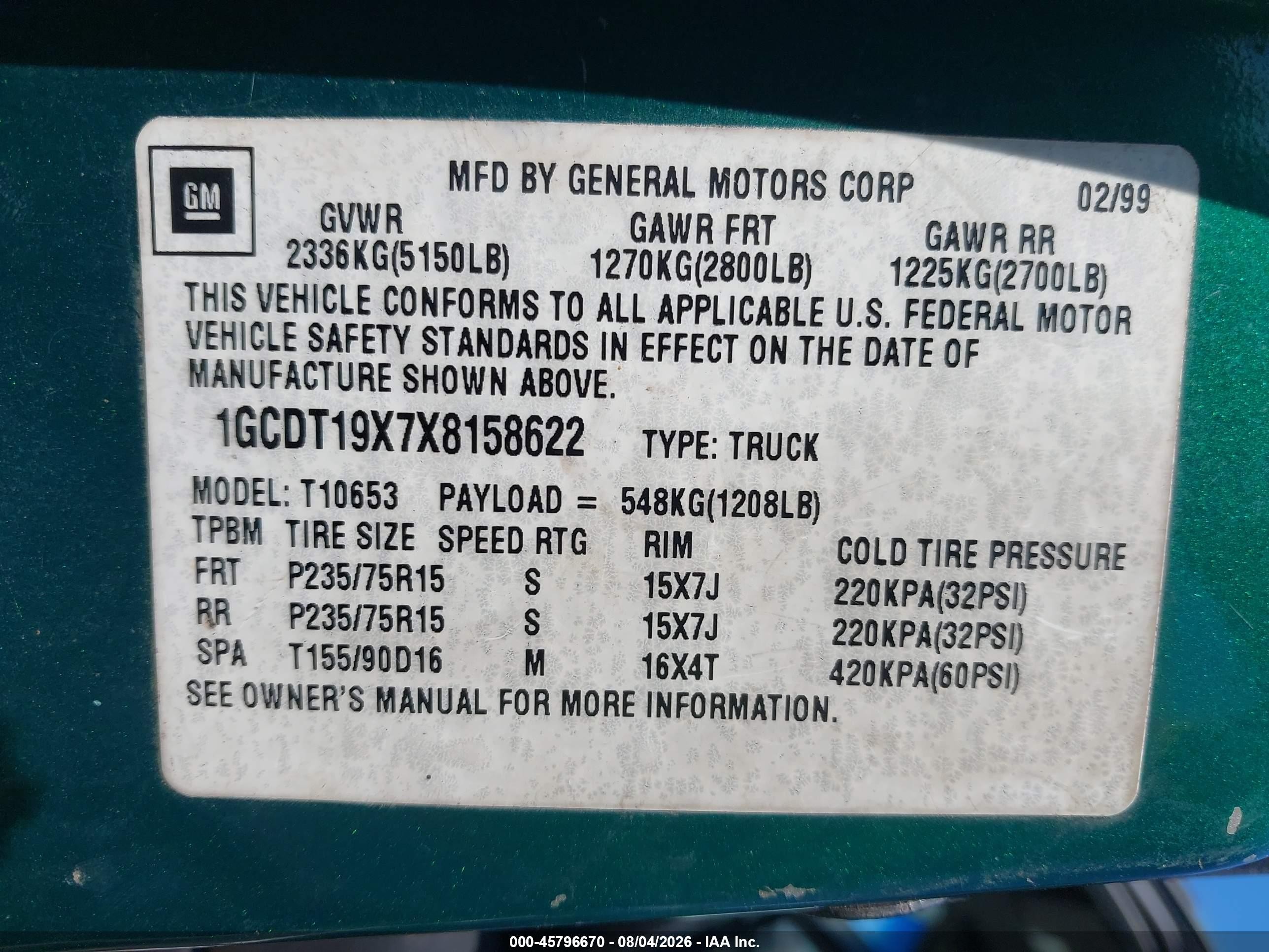 1999 Chevrolet S-10 Ls Green vin: 1GCDT19X7X8158622