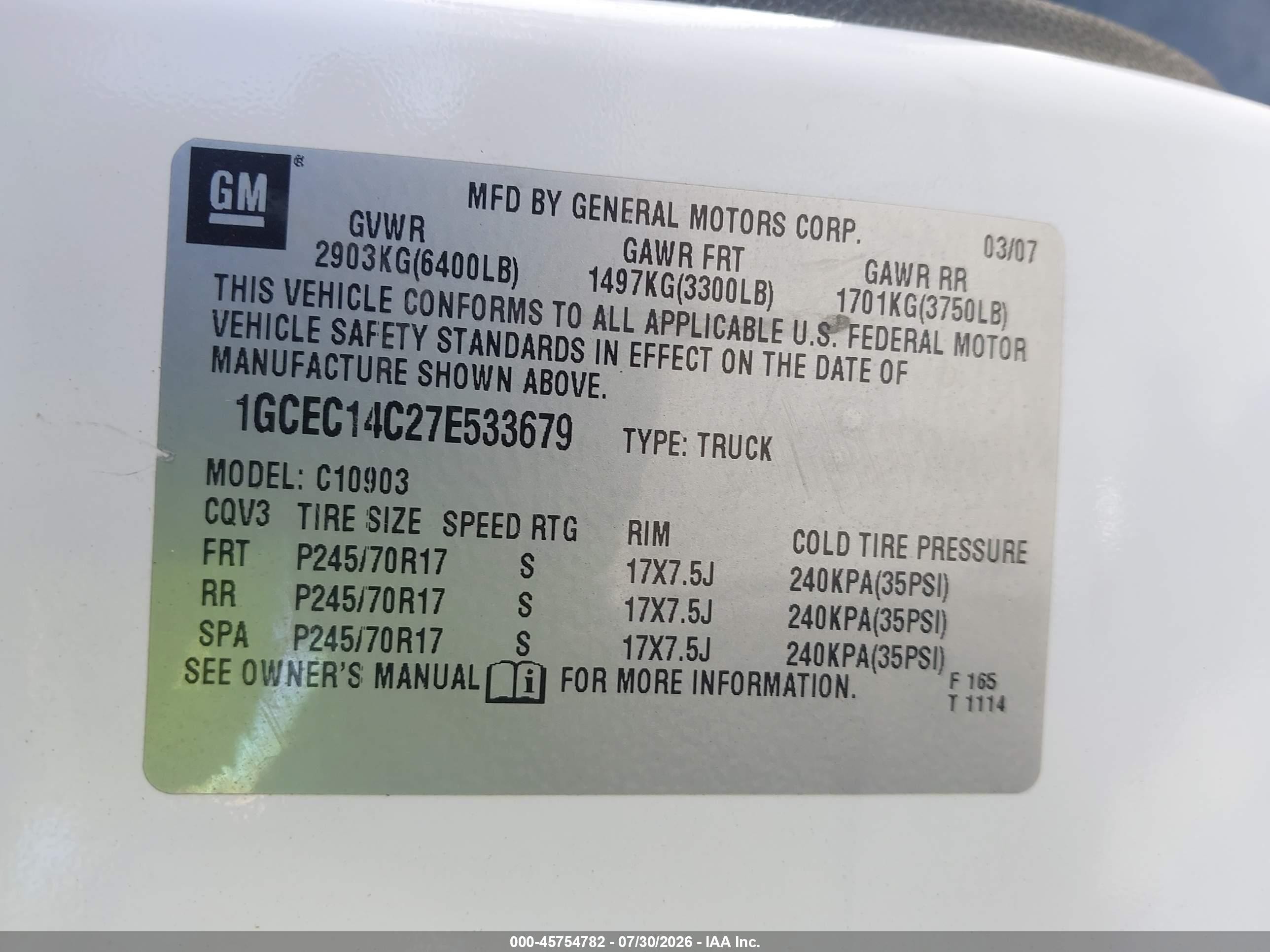 2007 Chevrolet Silverado 1500 Lt1 White vin: 1GCEC14C27E533679
