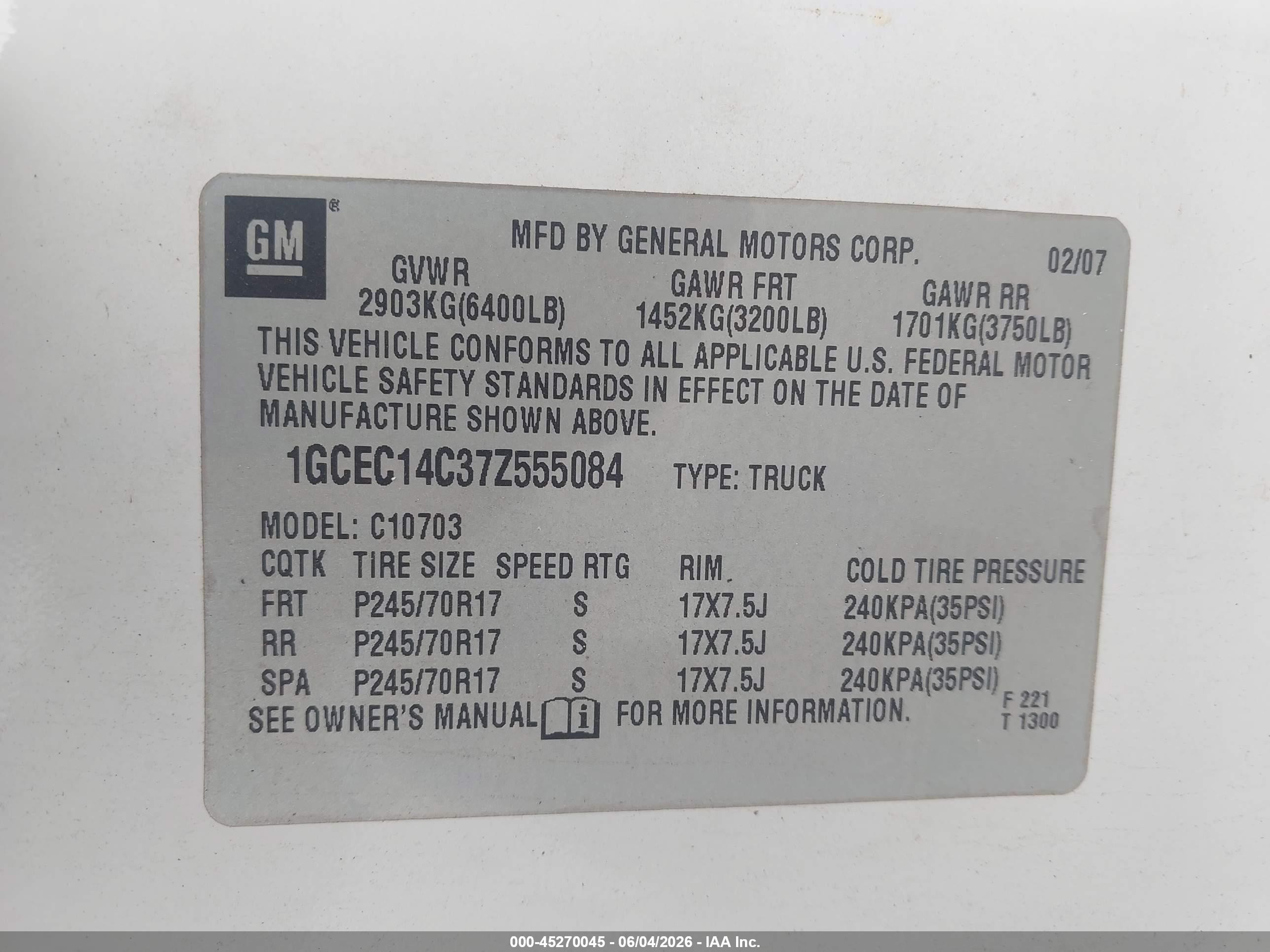 2007 Chevrolet Silverado 1500 Work Truck White vin: 1GCEC14C37Z555084