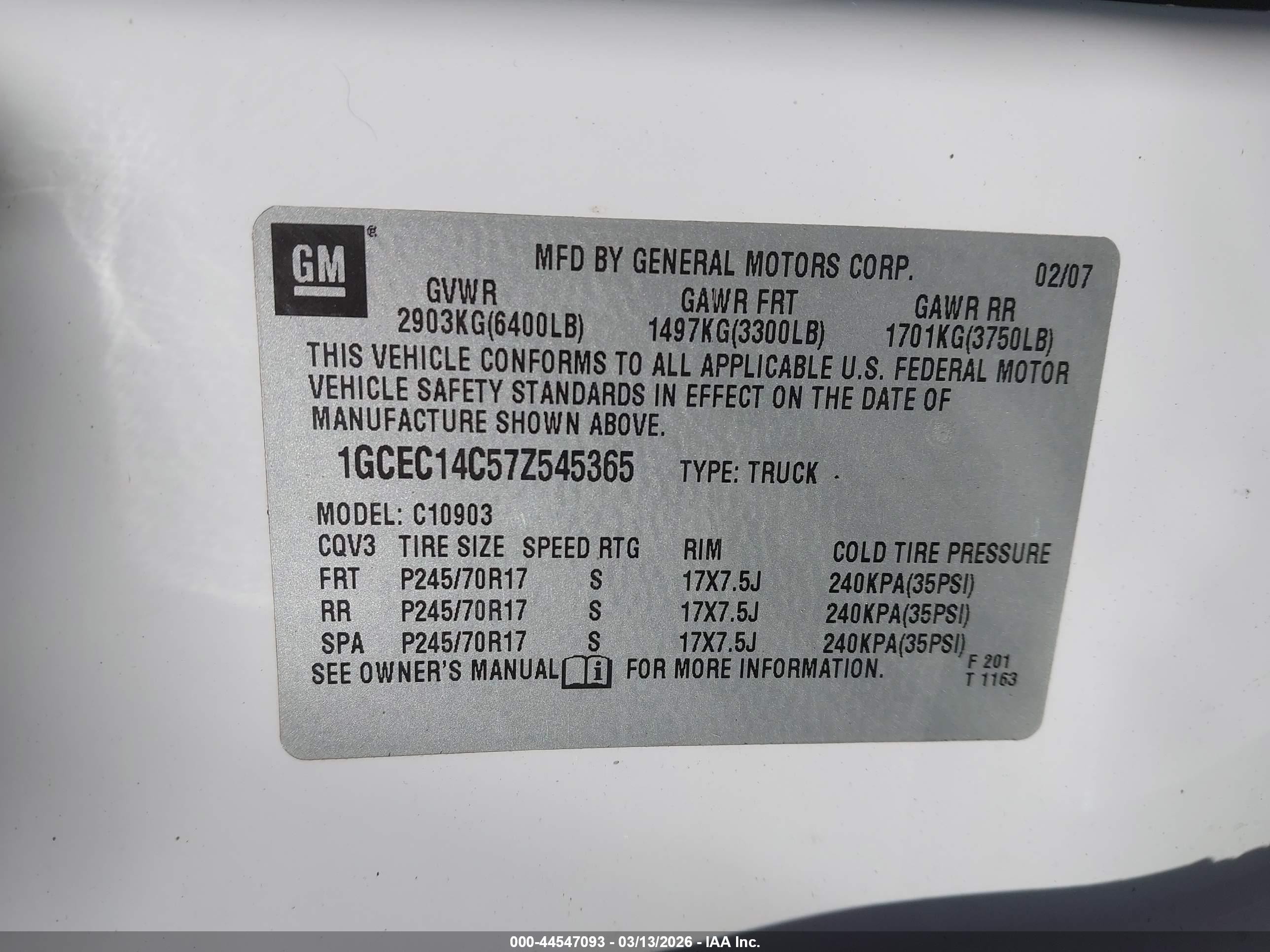 2007 Chevrolet Silverado 1500 Work Truck White vin: 1GCEC14C57Z545365