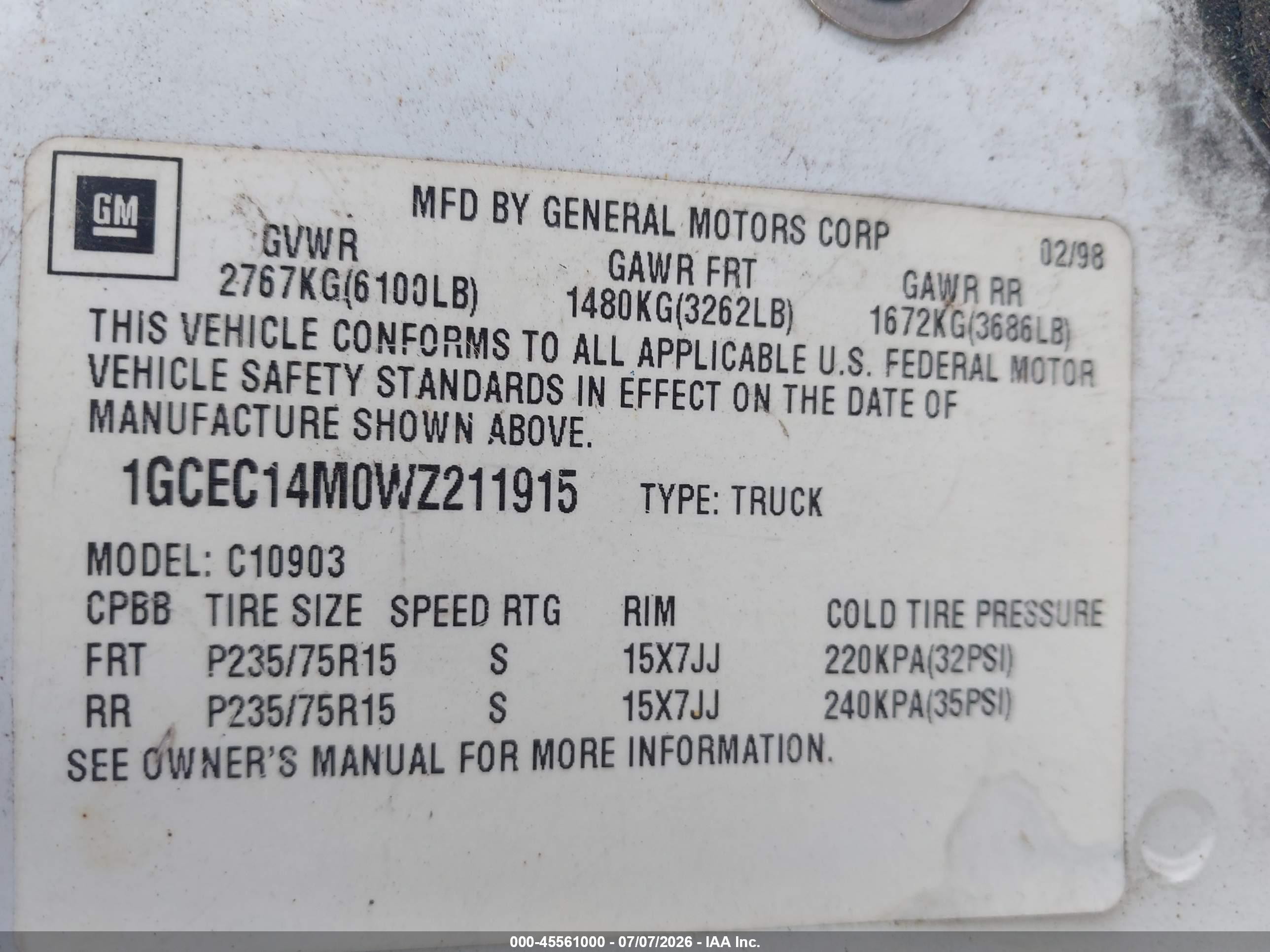 1998 Chevrolet C/k 1500 Fleetside White vin: 1GCEC14M0WZ211915