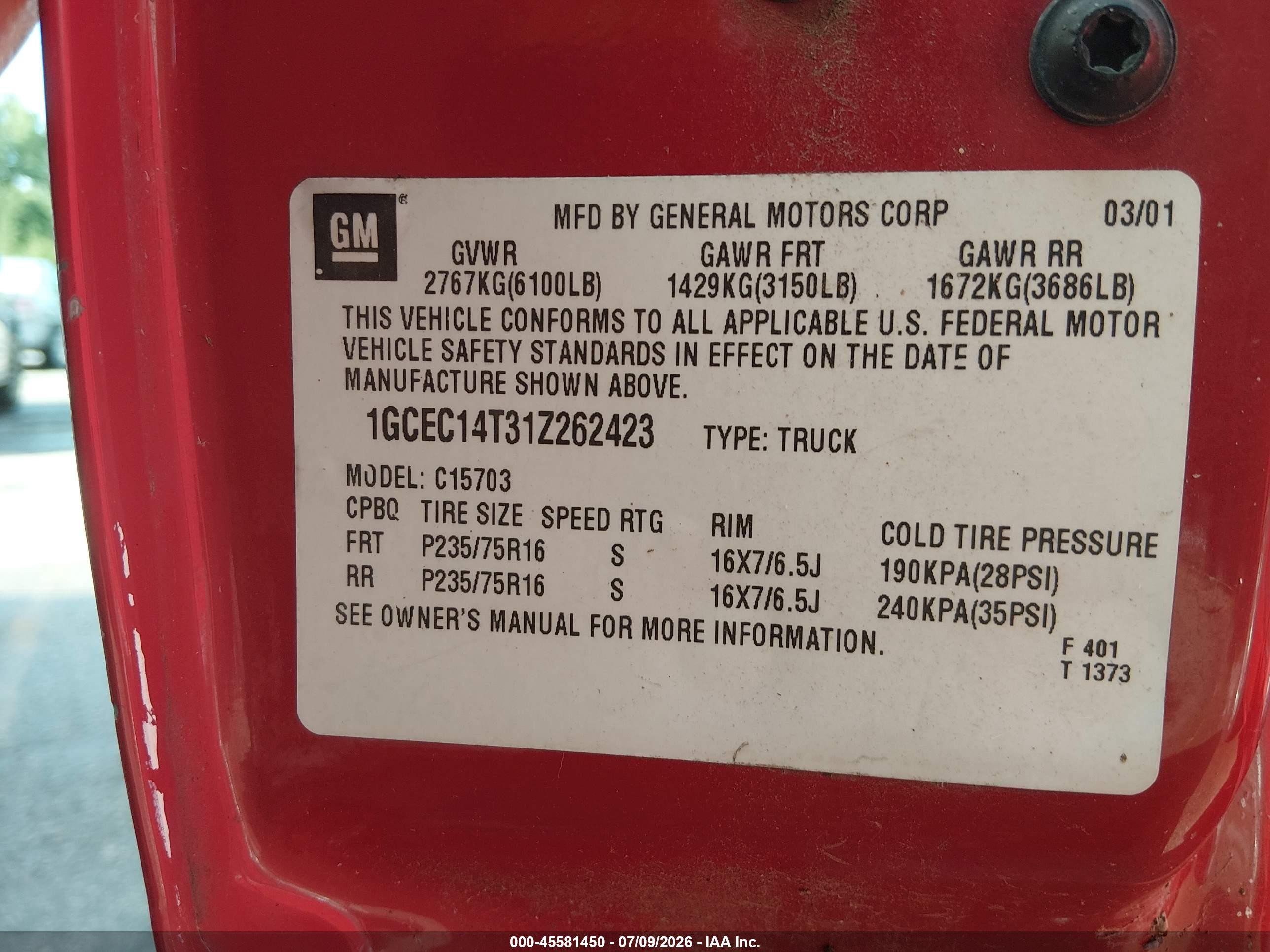 2001 Chevrolet Silverado 1500 Ls Красный vin: 1GCEC14T31Z262423