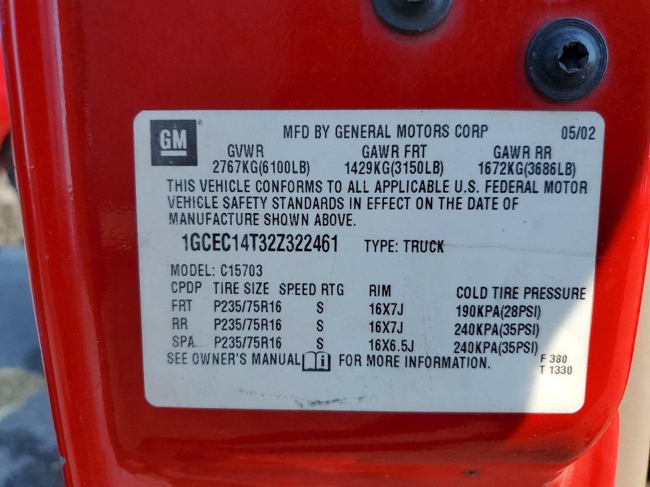 2002 Chevrolet Silverado C1500 Red vin: 1GCEC14T32Z322461