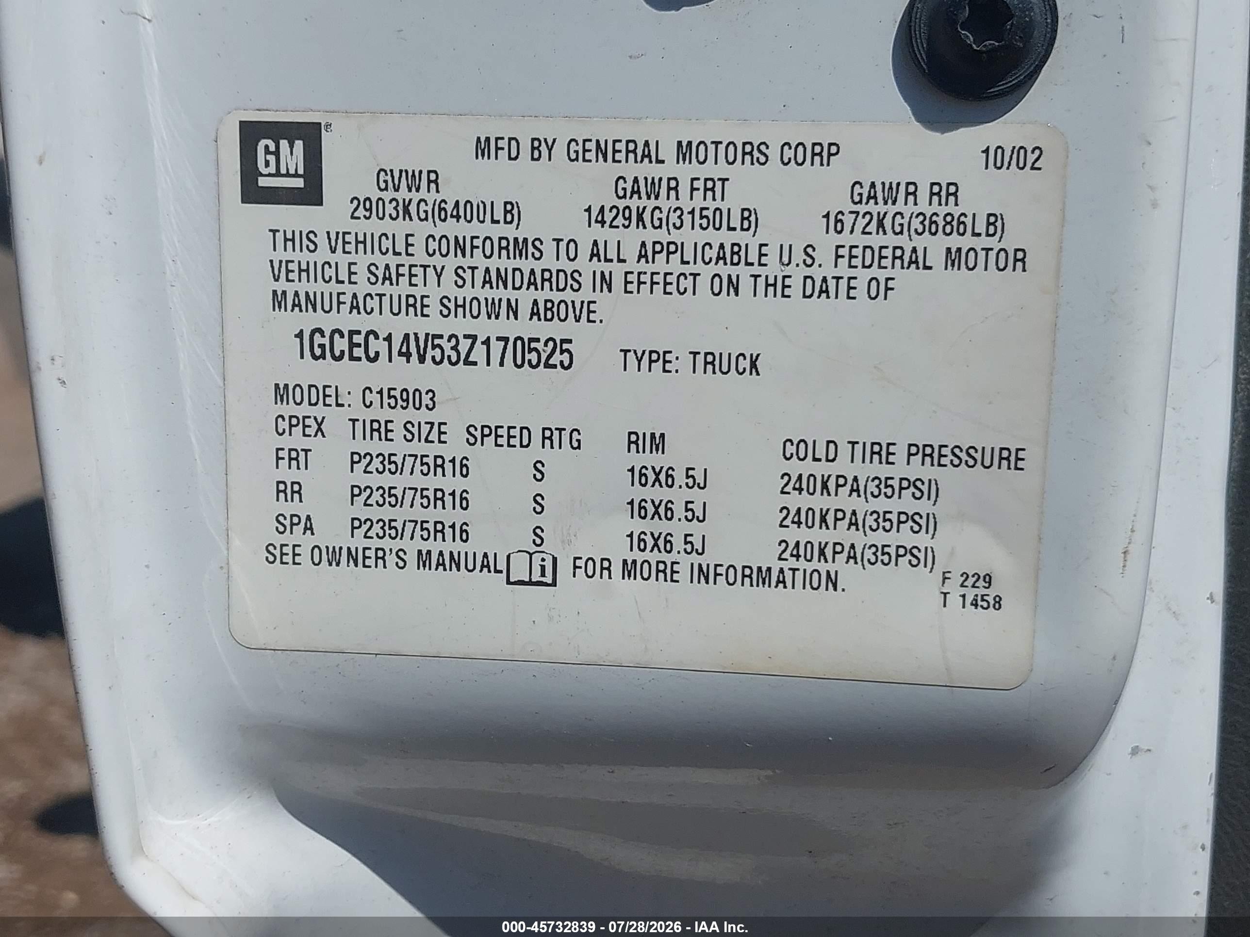 2003 Chevrolet Silverado 1500 Work Truck White vin: 1GCEC14V53Z170525