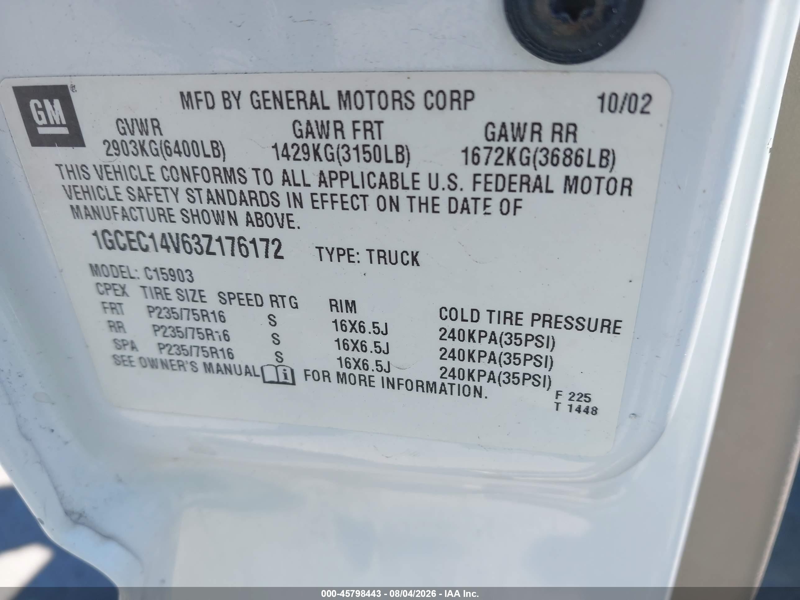 2003 Chevrolet Silverado 1500   White vin: 1GCEC14V63Z176172