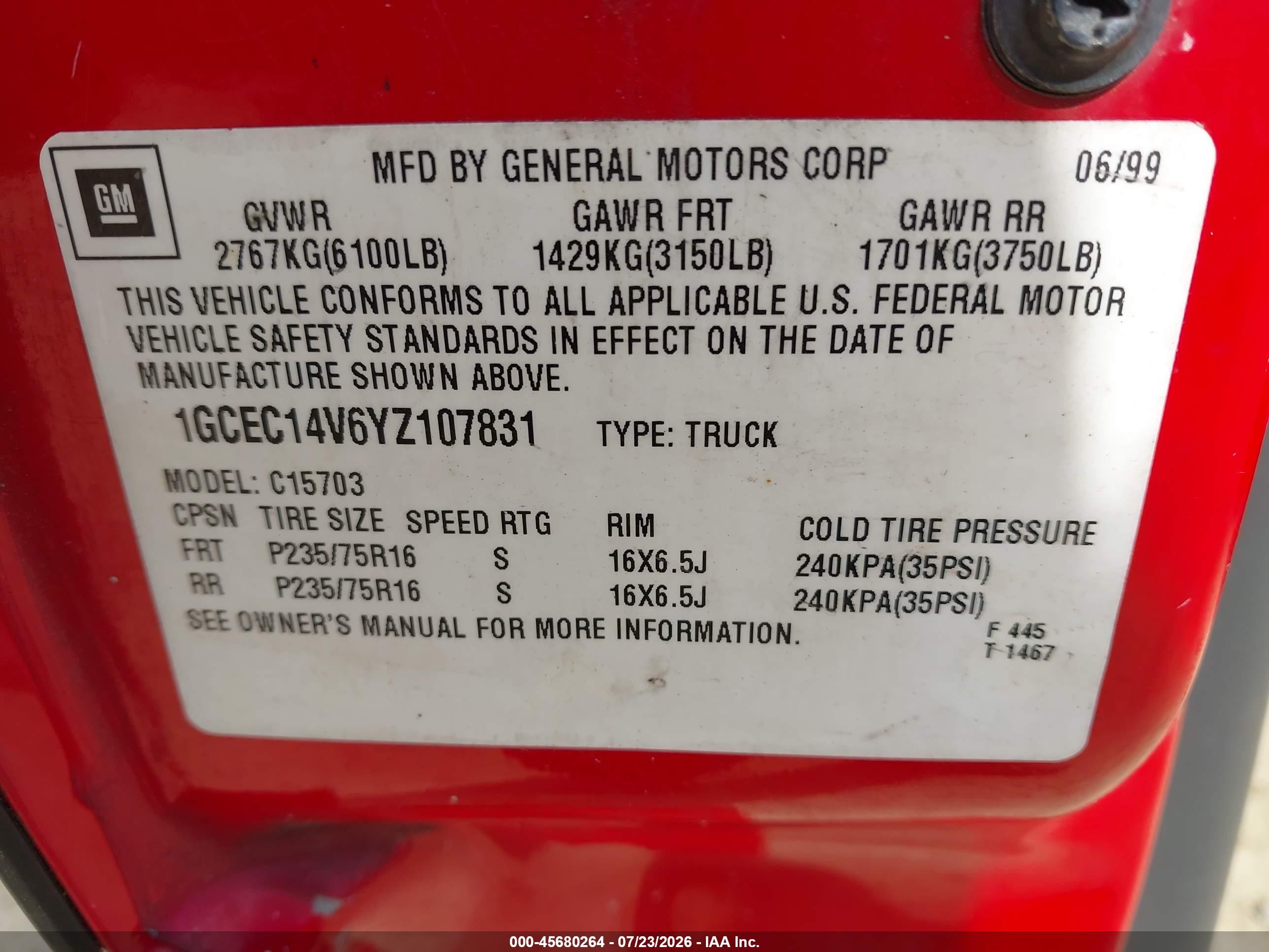 2000 Chevrolet Silverado 1500   Red vin: 1GCEC14V6YZ107831