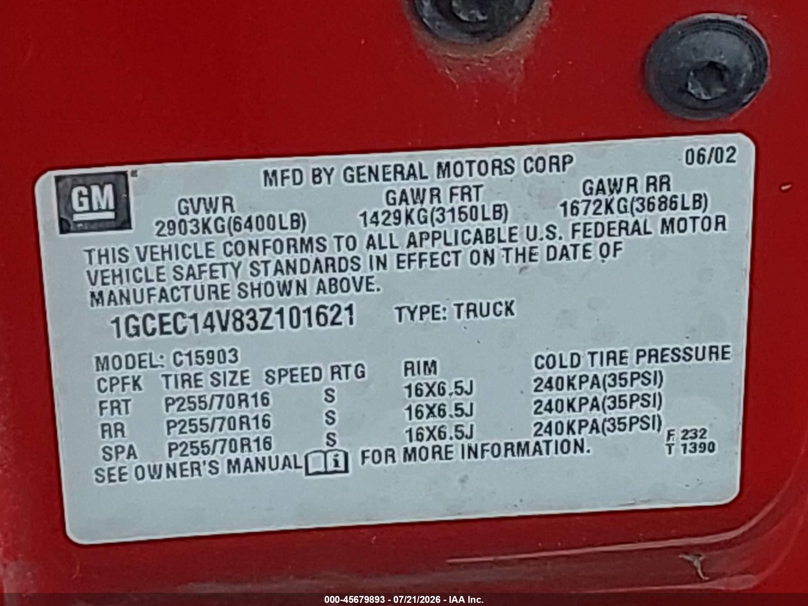 2003 Chevrolet Silverado 1500   Red vin: 1GCEC14V83Z101621