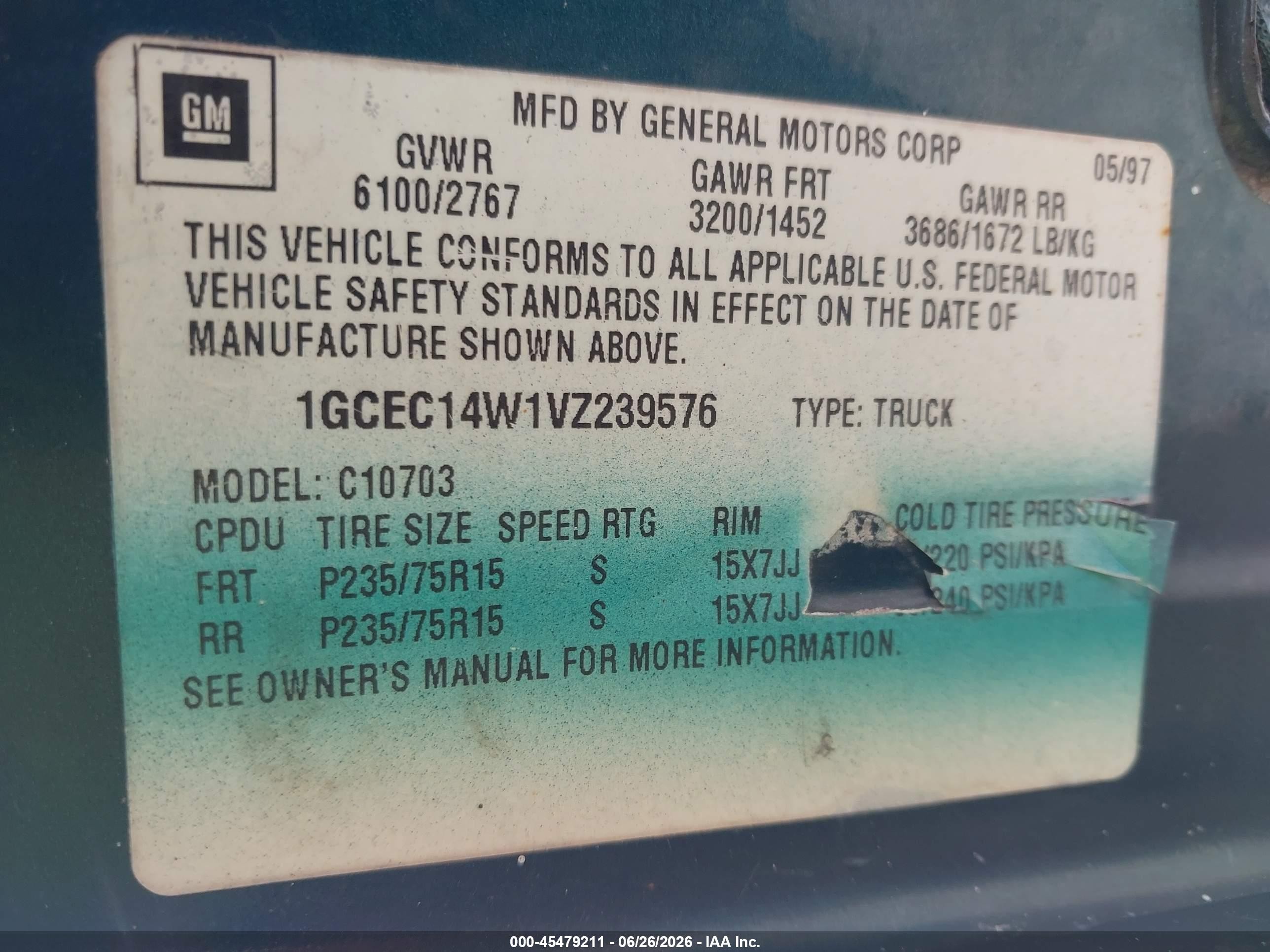 1997 Chevrolet C/k 1500 Work Fleetside W/t Green vin: 1GCEC14W1VZ239576
