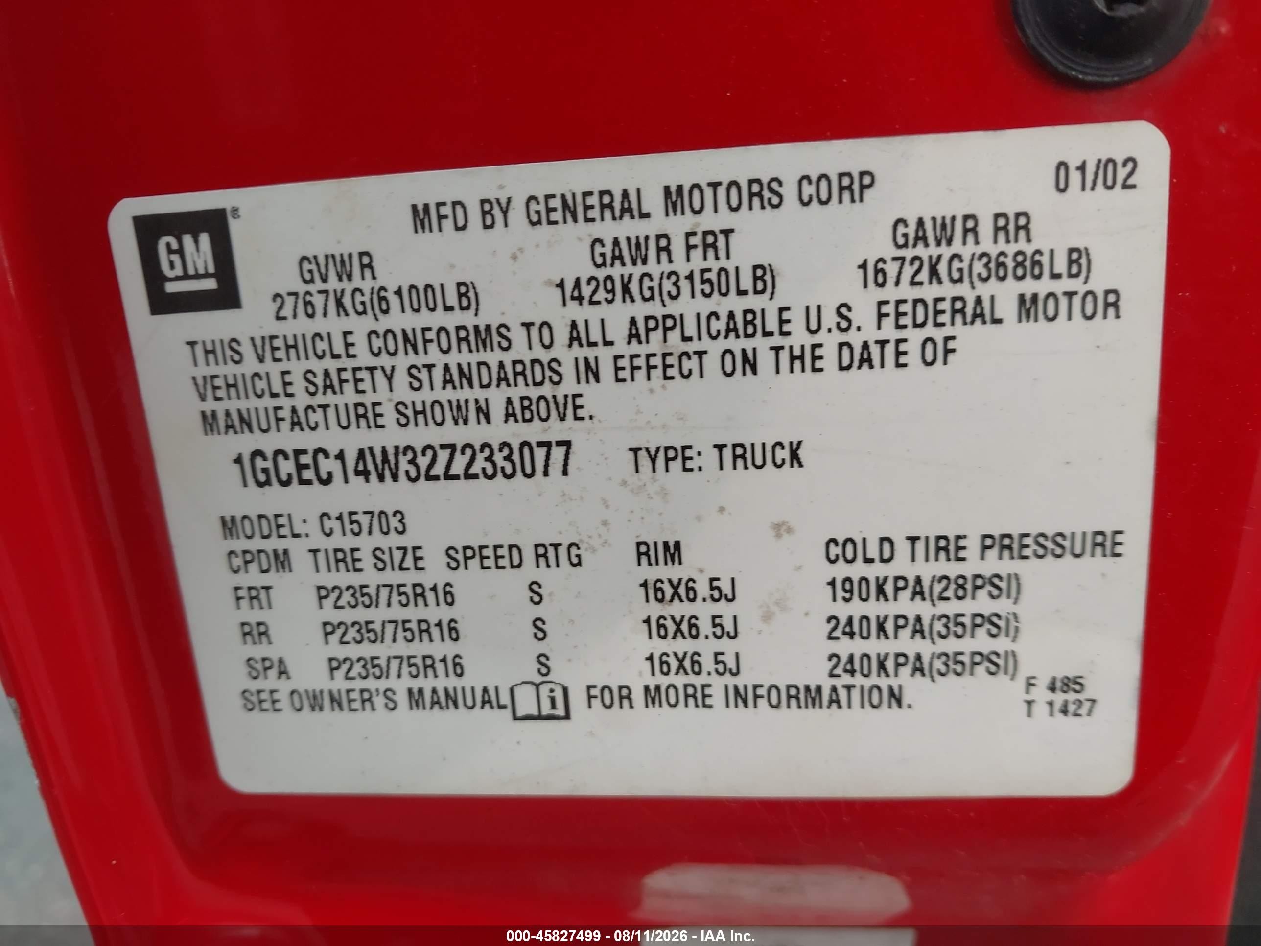 2002 Chevrolet Silverado 1500   Red vin: 1GCEC14W32Z233077