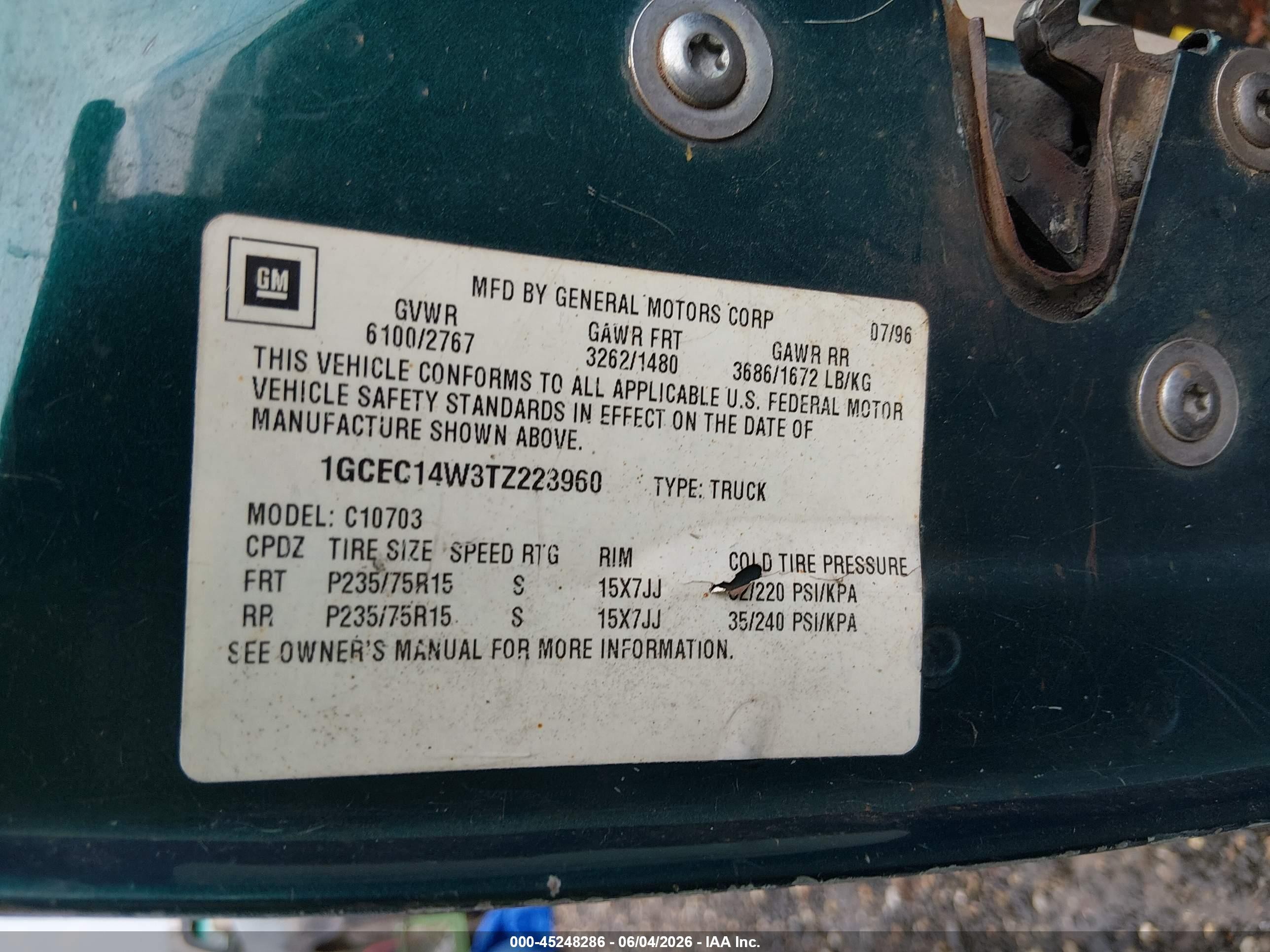 1996 Chevrolet Gmt-400 C1500 Green vin: 1GCEC14W3TZ223960