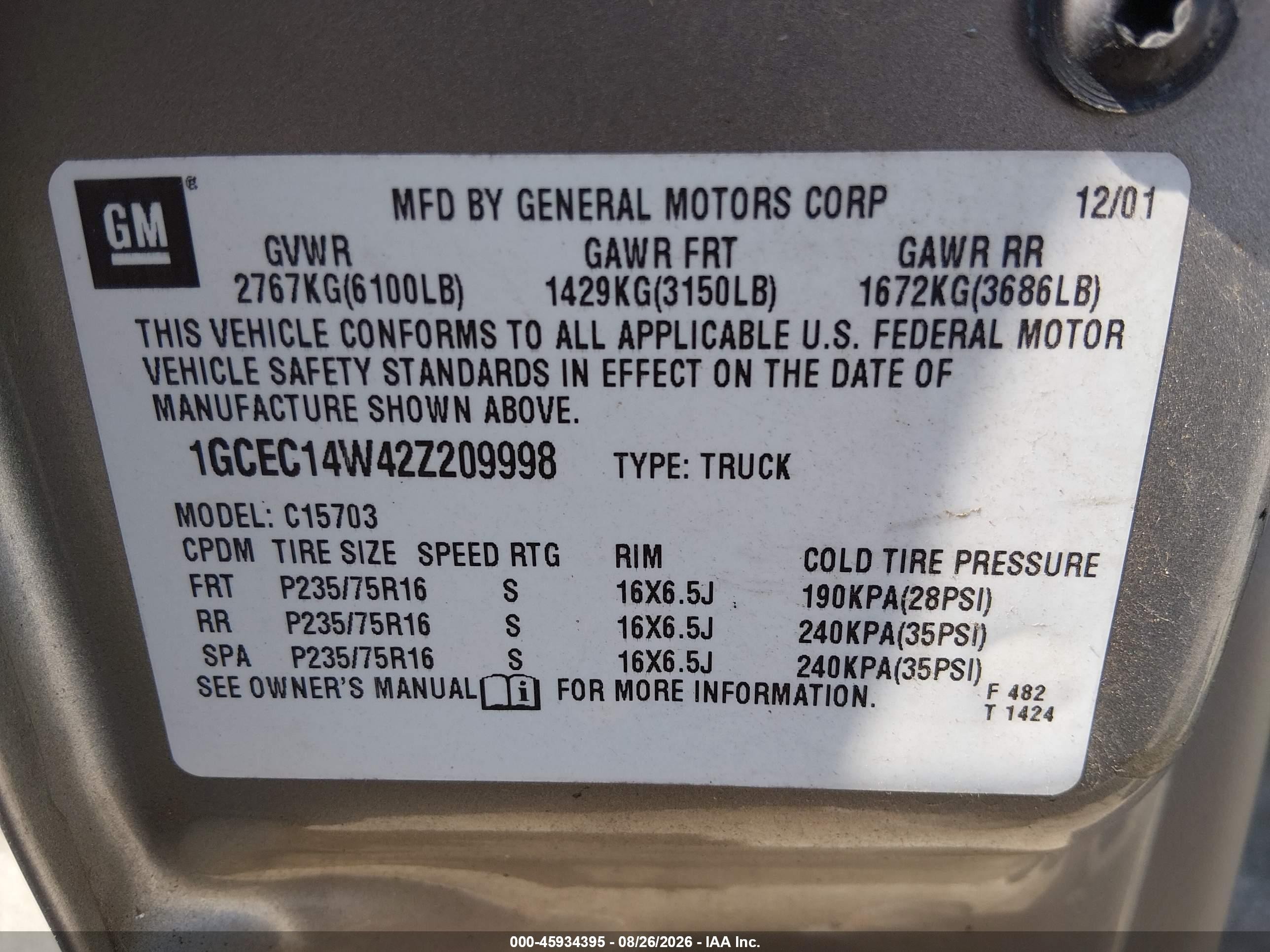 2002 Chevrolet Silverado 1500   Gold vin: 1GCEC14W42Z209998