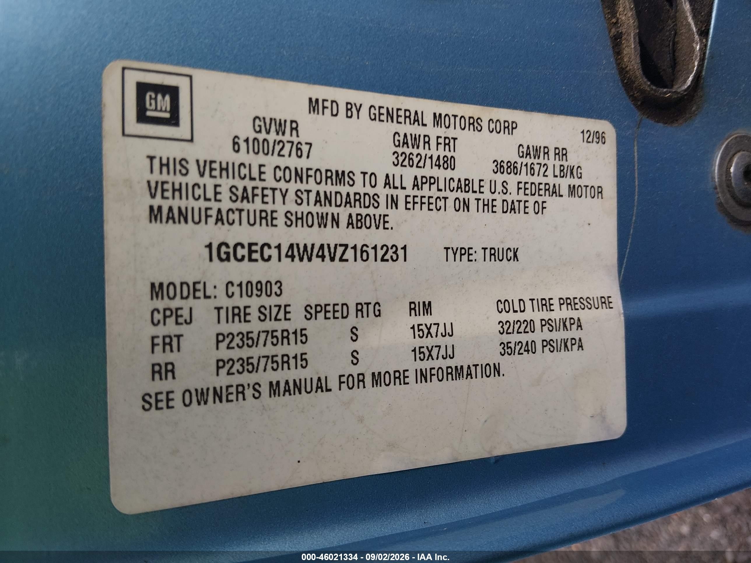 1997 Chevrolet C1500 Fleetside W/t Light Blue vin: 1GCEC14W4VZ161231