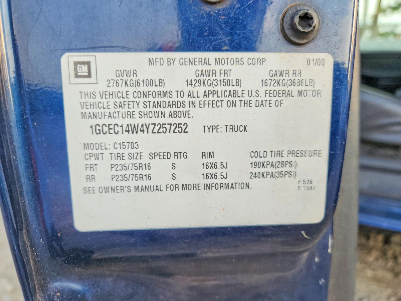 2000 Chevrolet Silverado C1500 Blue vin: 1GCEC14W4YZ257252