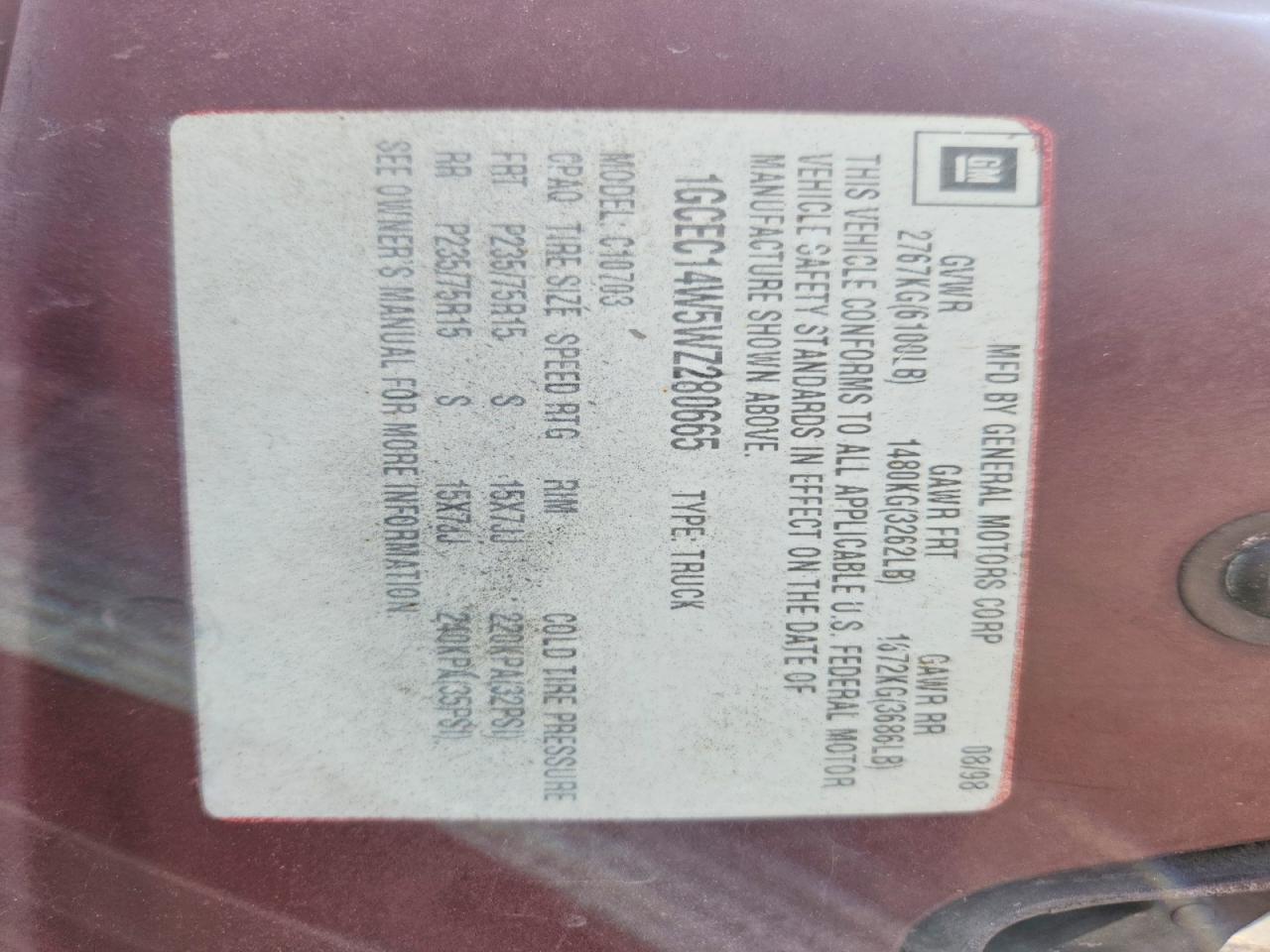 1998 Chevrolet Gmt-400 C1500 Burgundy vin: 1GCEC14W5WZ280665