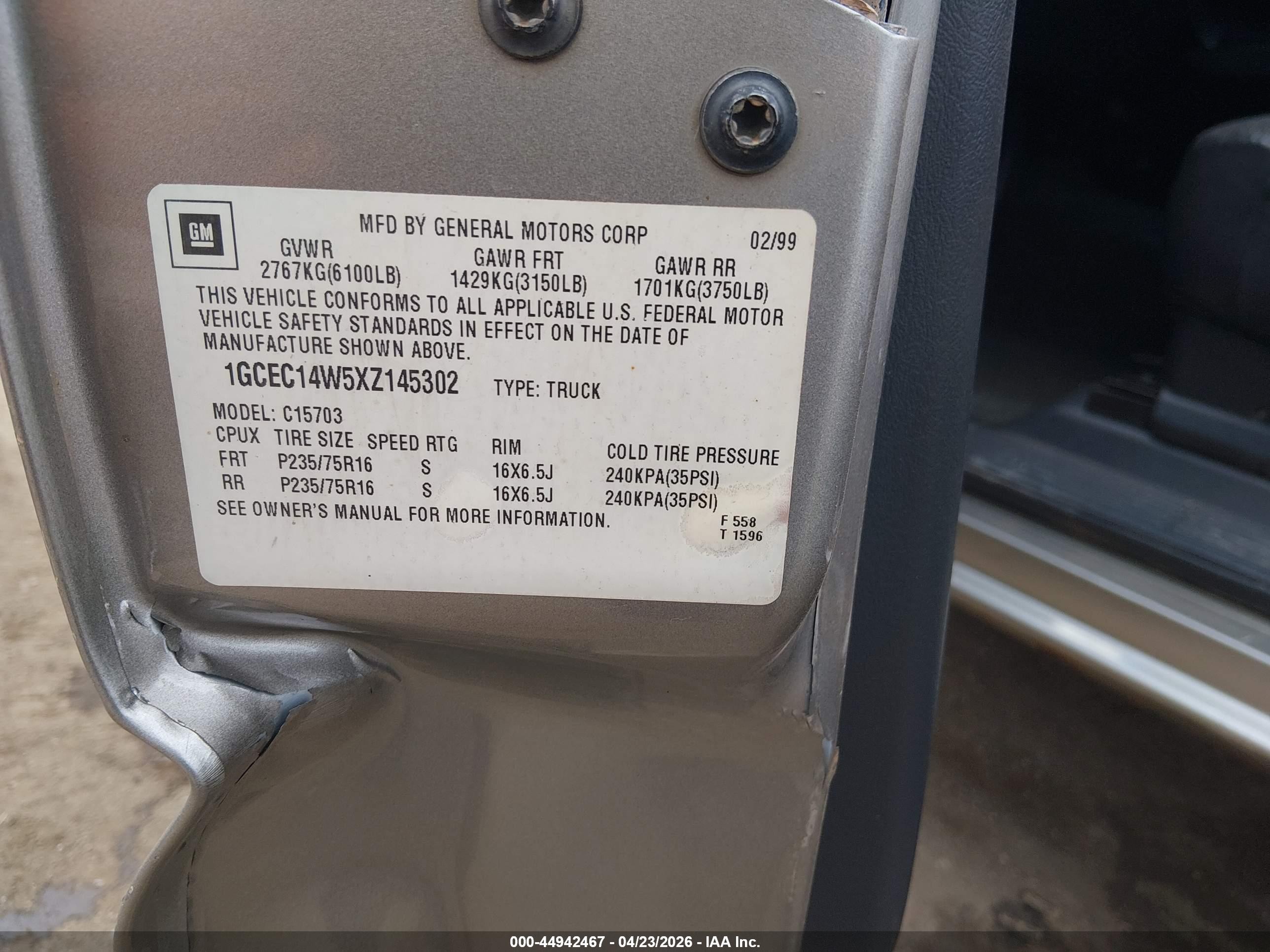 1999 Chevrolet Silverado 1500   Beige vin: 1GCEC14W5XZ145302