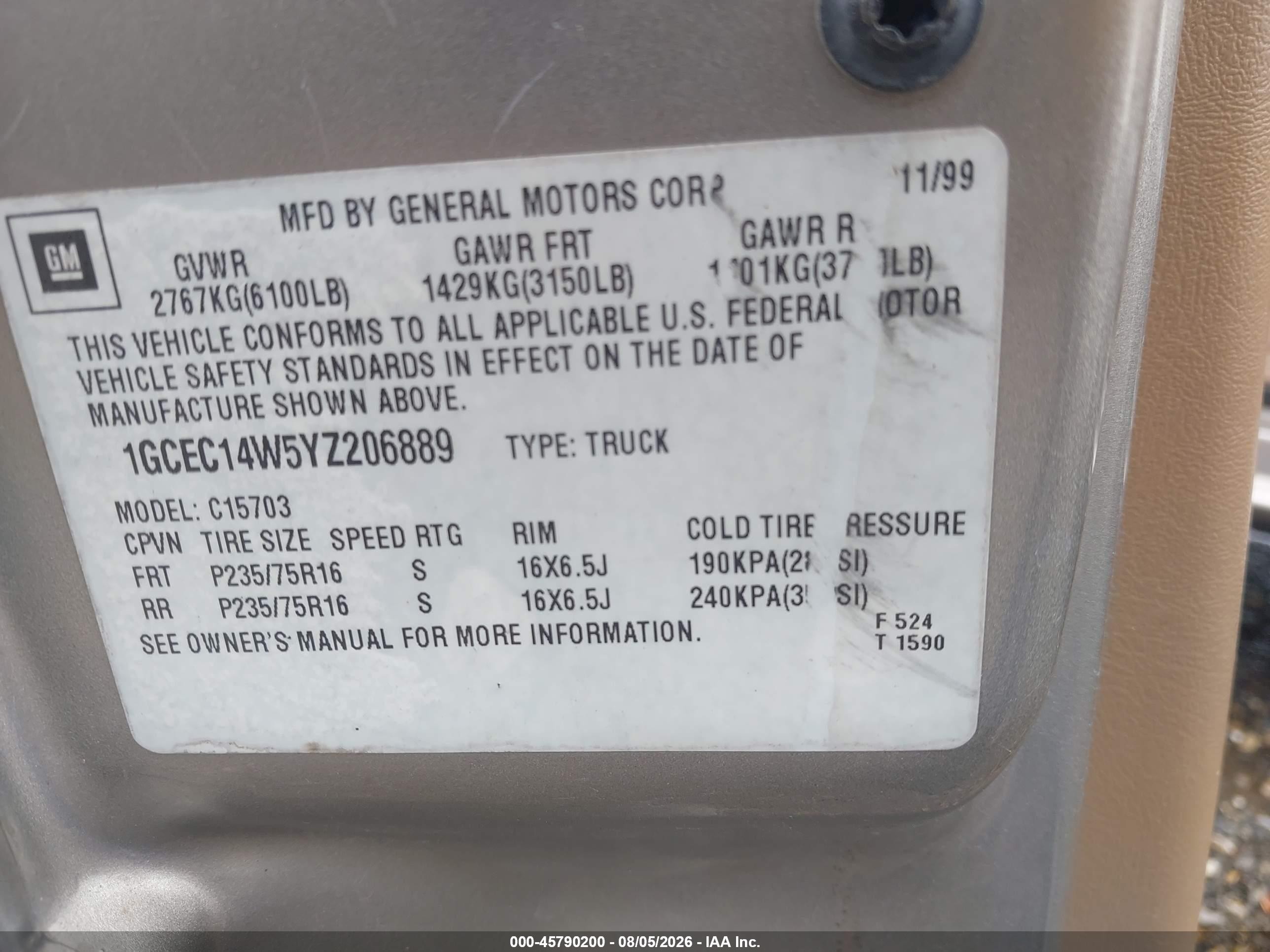 2000 Chevrolet Silverado 1500   Beige vin: 1GCEC14W5YZ206889