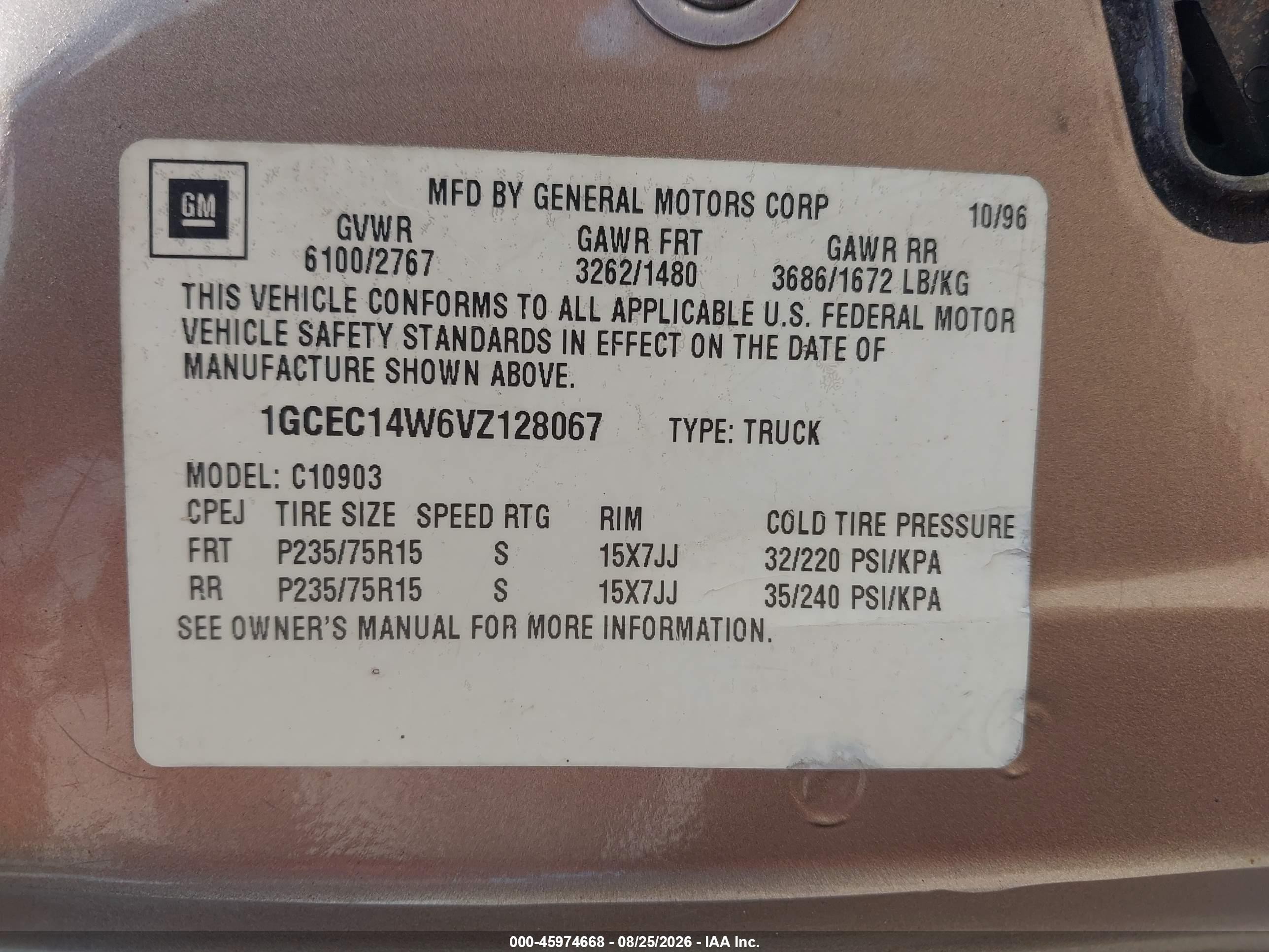 1997 Chevrolet C1500 Fleetside Gold vin: 1GCEC14W6VZ128067