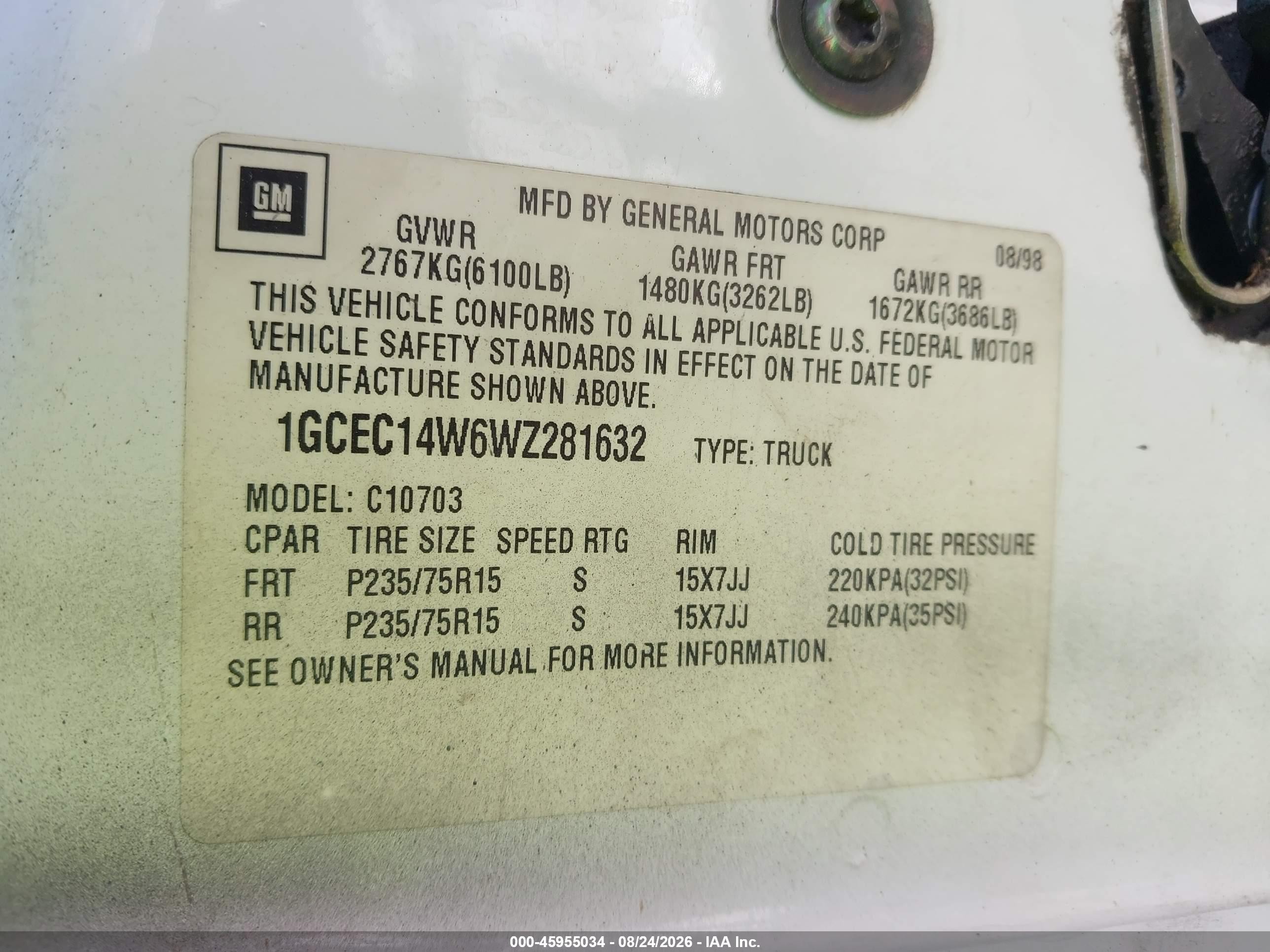 1998 Chevrolet C/k 1500 Work Fleetside W/t Gray vin: 1GCEC14W6WZ281632
