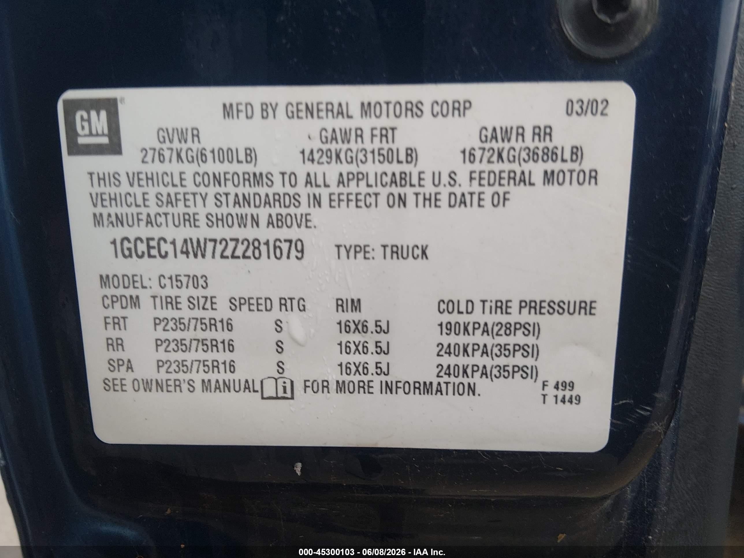 2002 Chevrolet Silverado 1500   Dark Blue vin: 1GCEC14W72Z281679