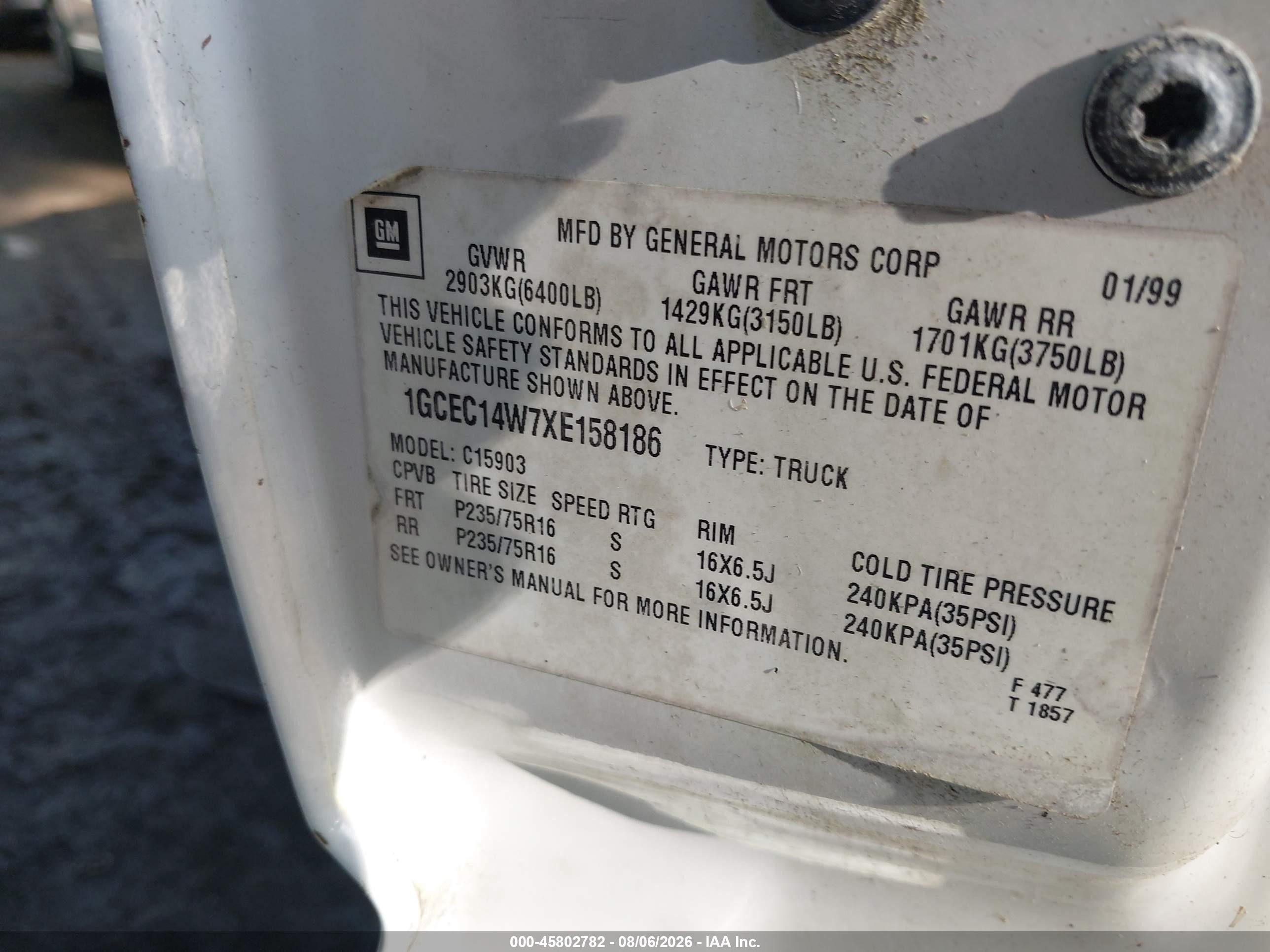 1999 Chevrolet Silverado 1500   White vin: 1GCEC14W7XE158186
