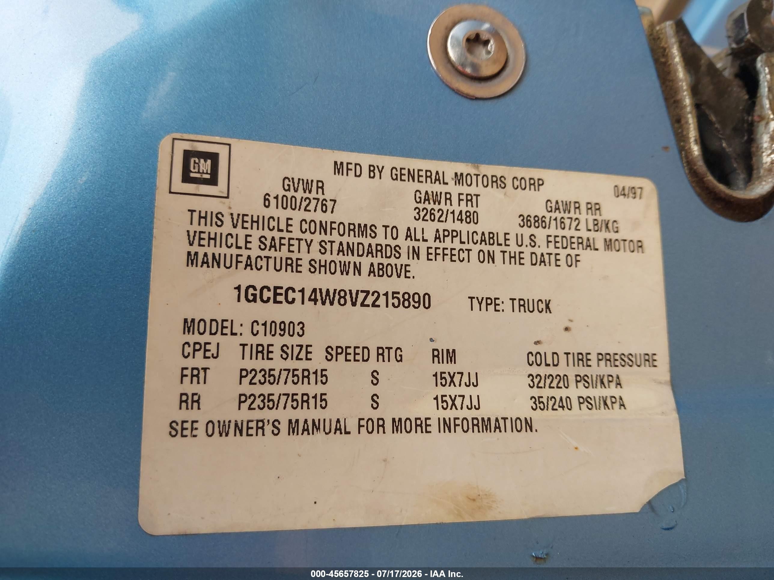 1997 Chevrolet C/k 1500 Work Fleetside W/t Blue vin: 1GCEC14W8VZ215890