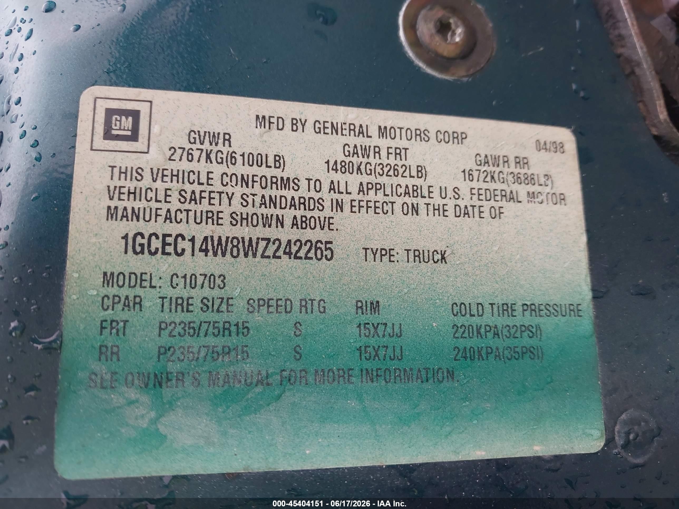 1998 Chevrolet C/k 1500 Work Fleetside W/t Green vin: 1GCEC14W8WZ242265