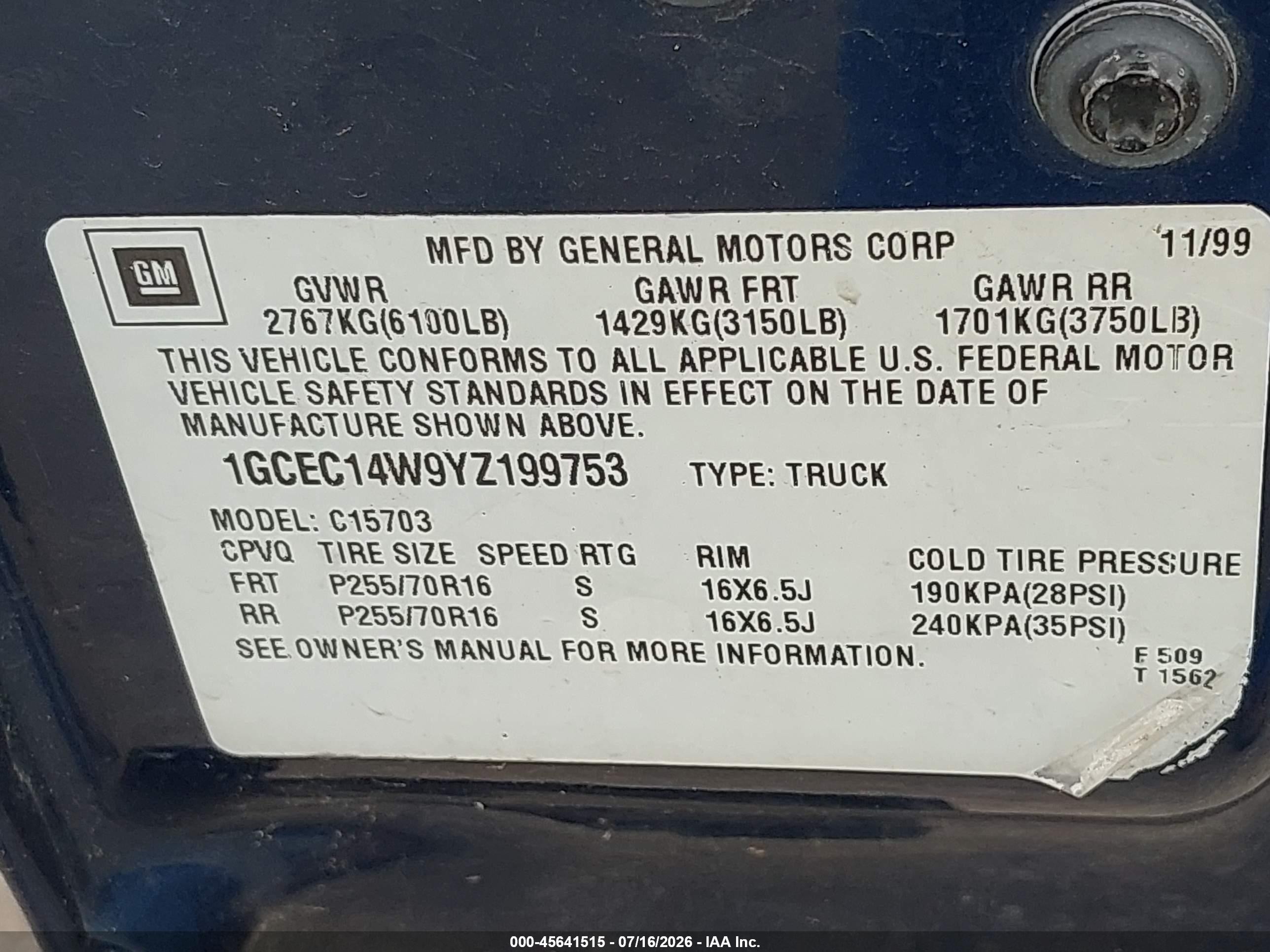 2000 Chevrolet Silverado 1500   Blue vin: 1GCEC14W9YZ199753