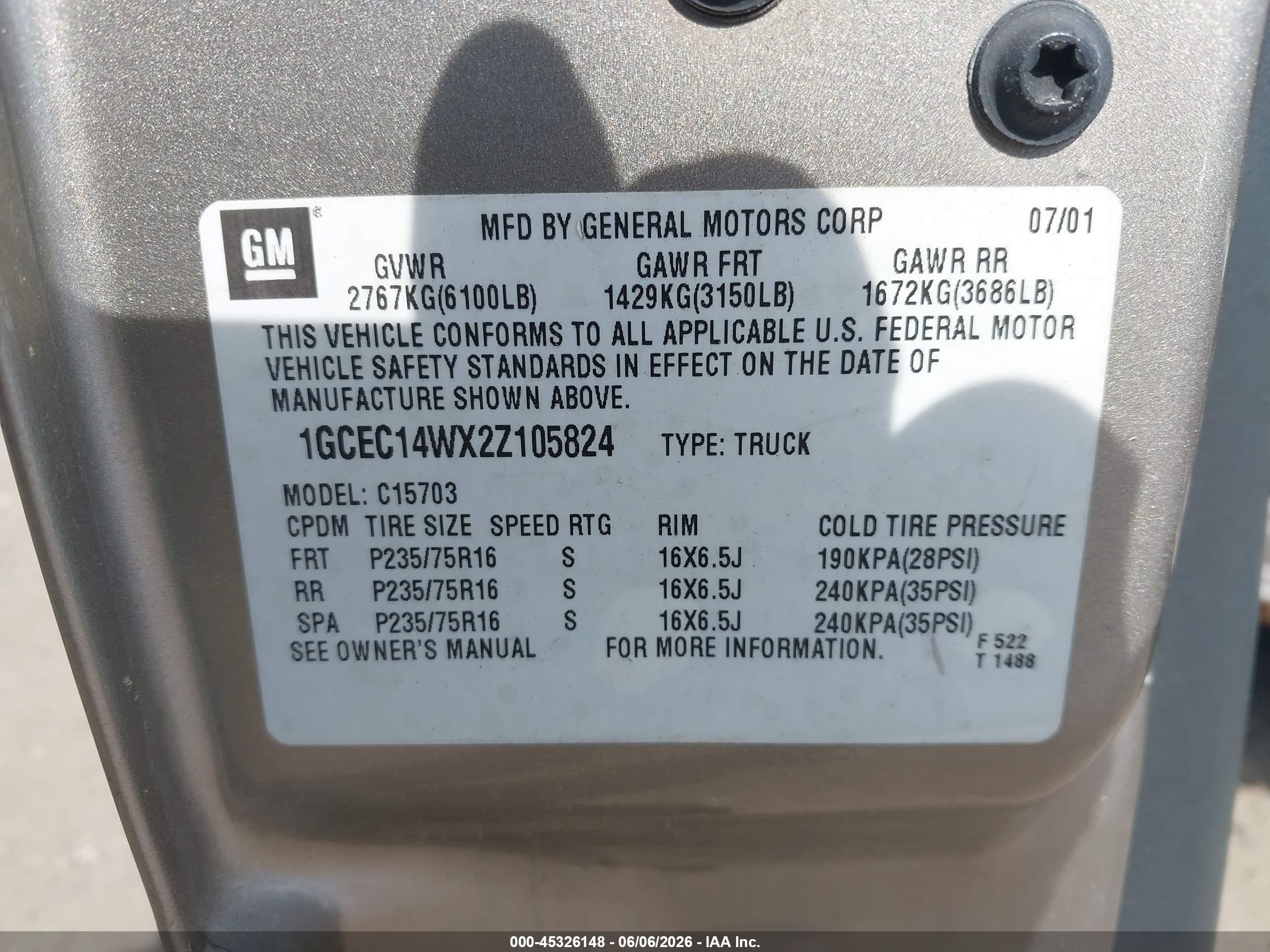 2002 Chevrolet Silverado 1500   Tan vin: 1GCEC14WX2Z105824