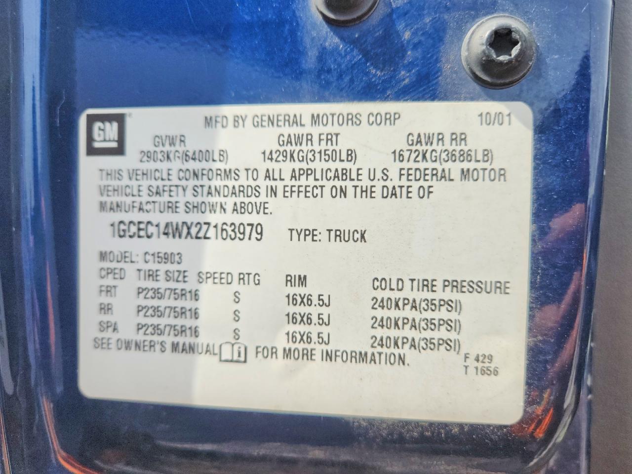 2002 Chevrolet Silverado C1500 Blue vin: 1GCEC14WX2Z163979