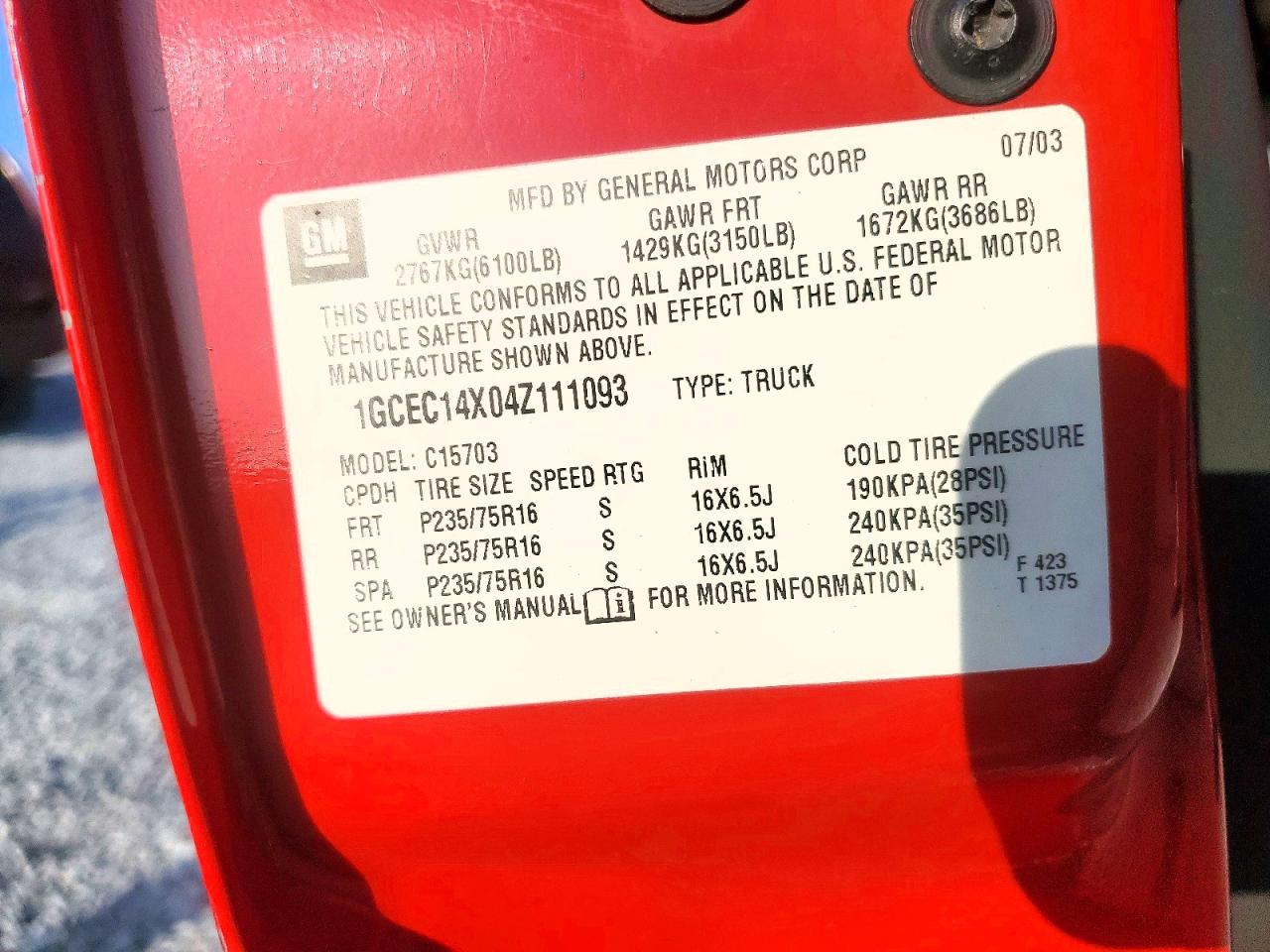 2004 Chevrolet Silverado C1500 Red vin: 1GCEC14X04Z111093