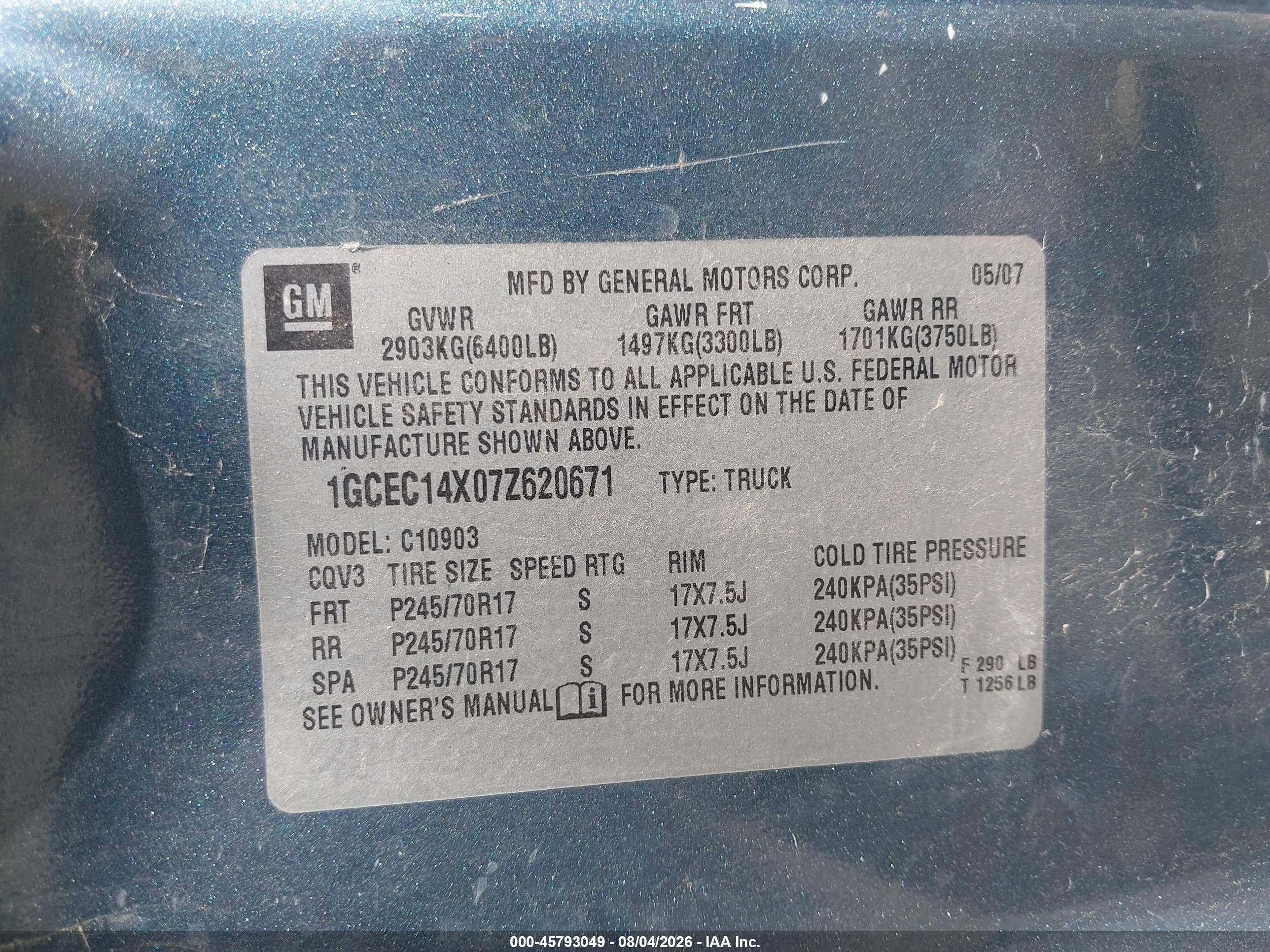 2007 Chevrolet Silverado 1500 Work Truck Blue vin: 1GCEC14X07Z620671