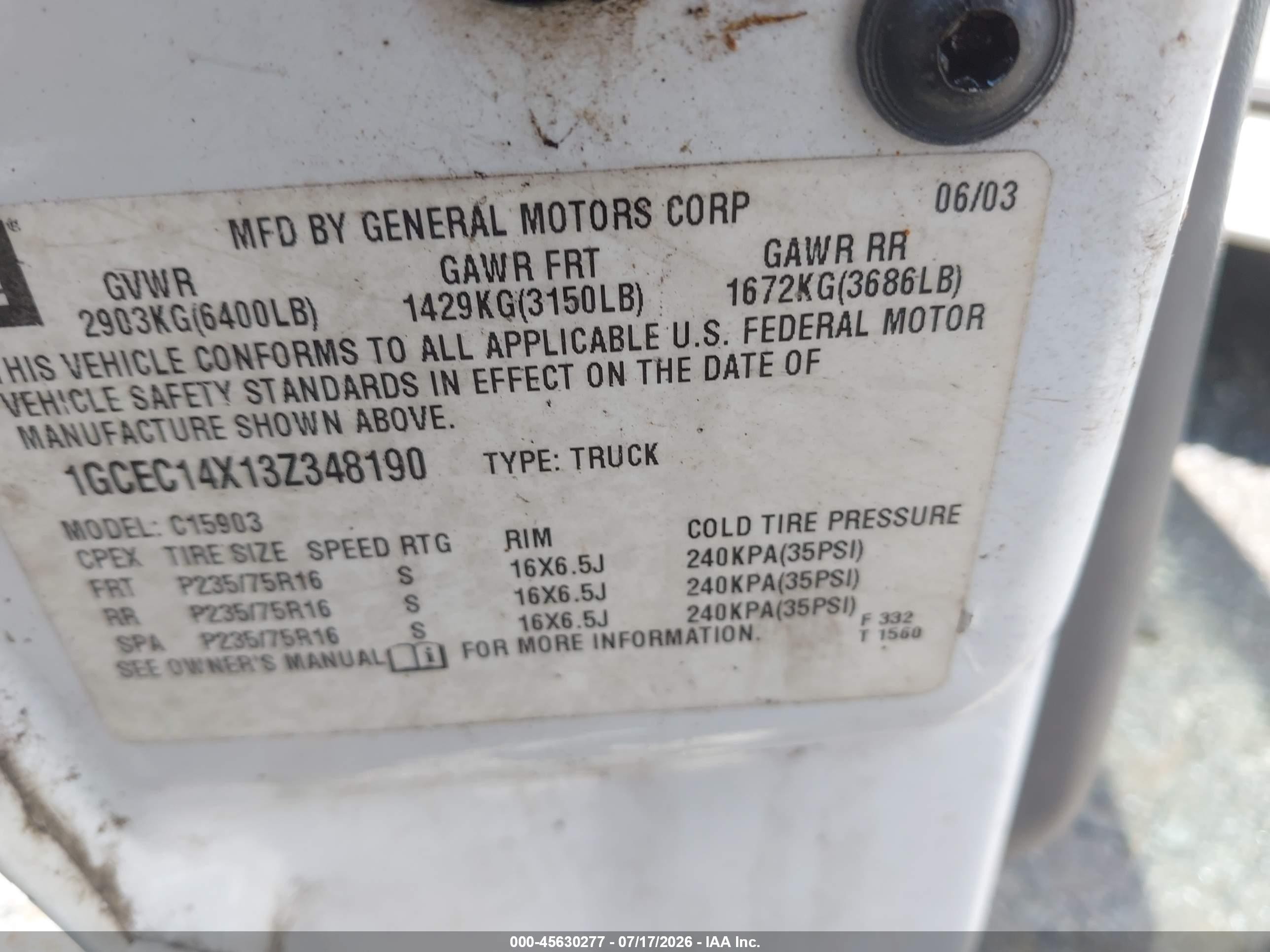 2003 Chevrolet Silverado 1500 Work Truck White vin: 1GCEC14X13Z348190