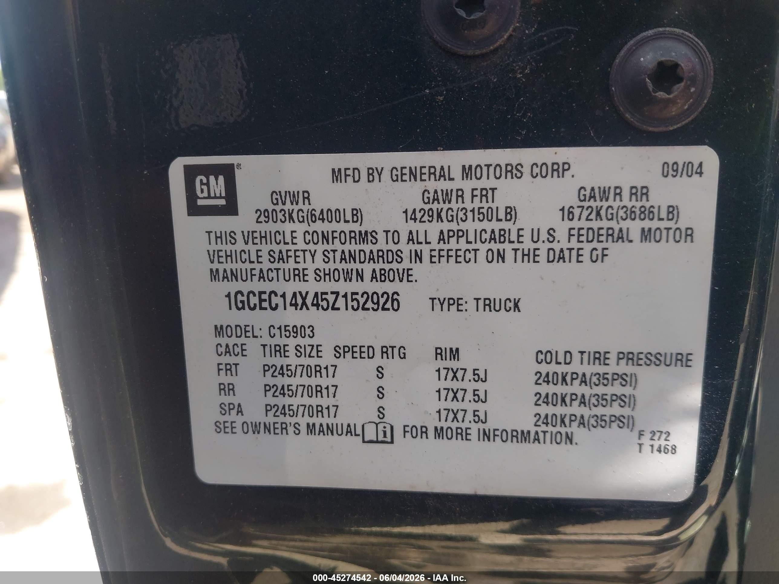 2005 Chevrolet Silverado 1500   Green vin: 1GCEC14X45Z152926