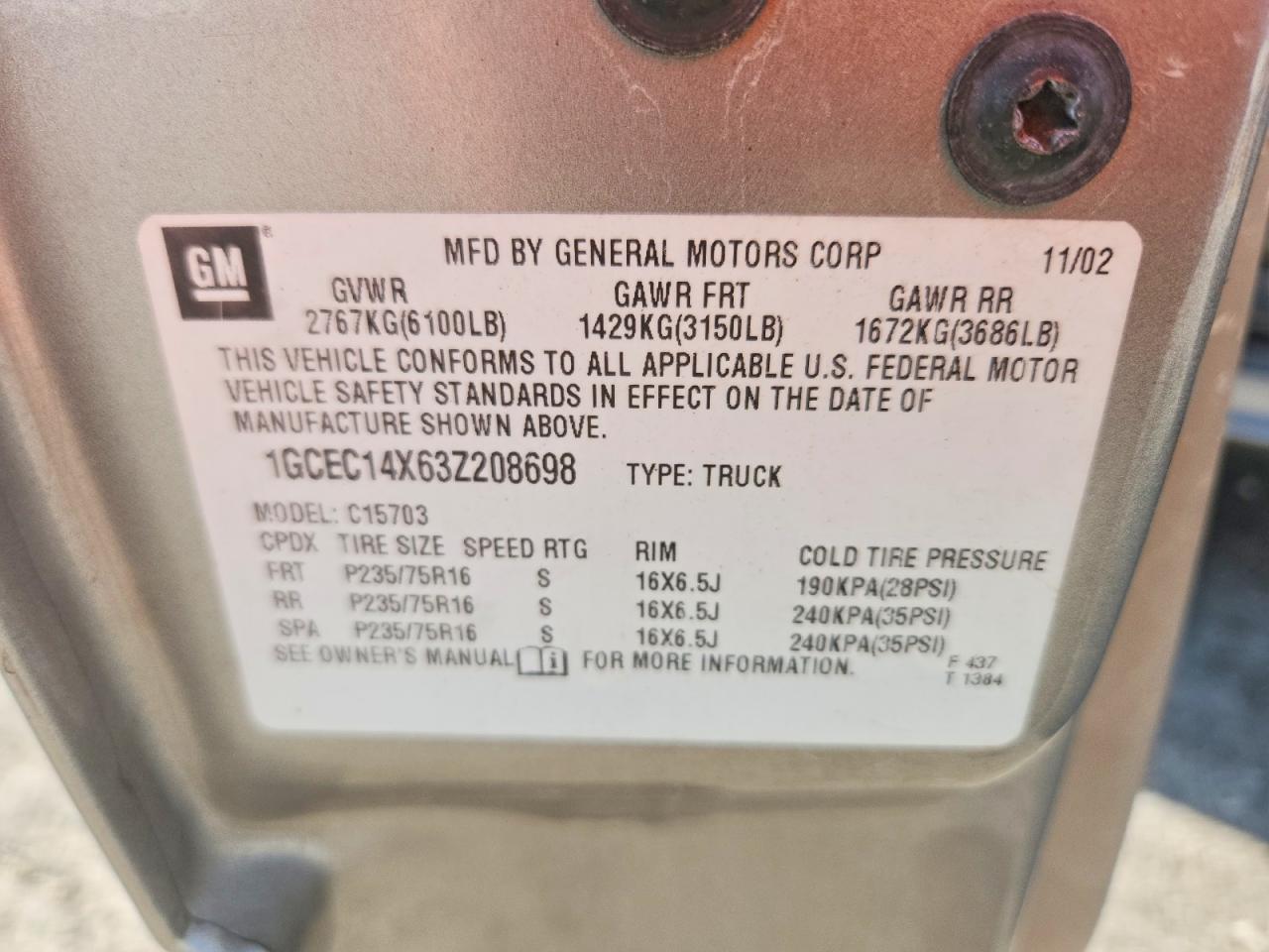 2003 Chevrolet 1500 Tan vin: 1GCEC14X63Z208698