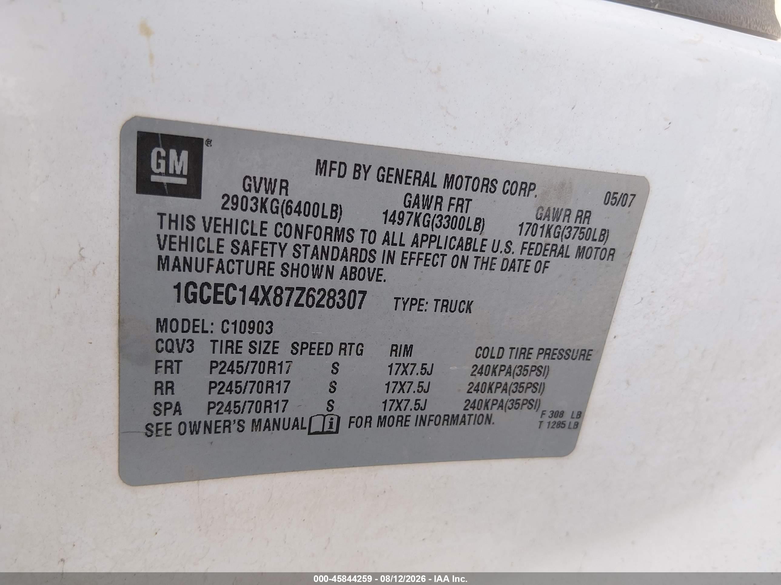 2007 Chevrolet Silverado 1500 Work Truck White vin: 1GCEC14X87Z628307
