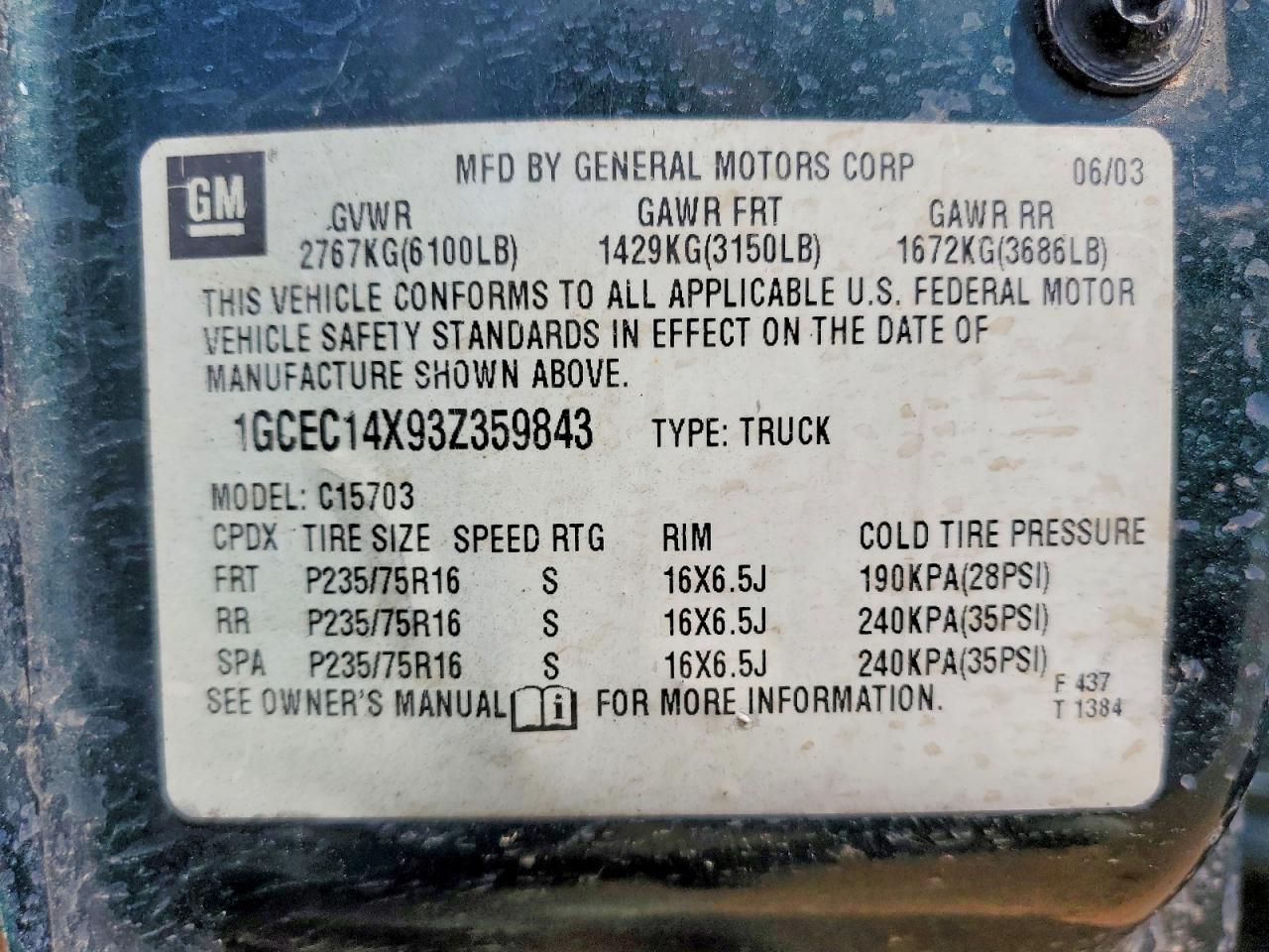 2003 Chevrolet Silverado C1500 Green vin: 1GCEC14X93Z359843