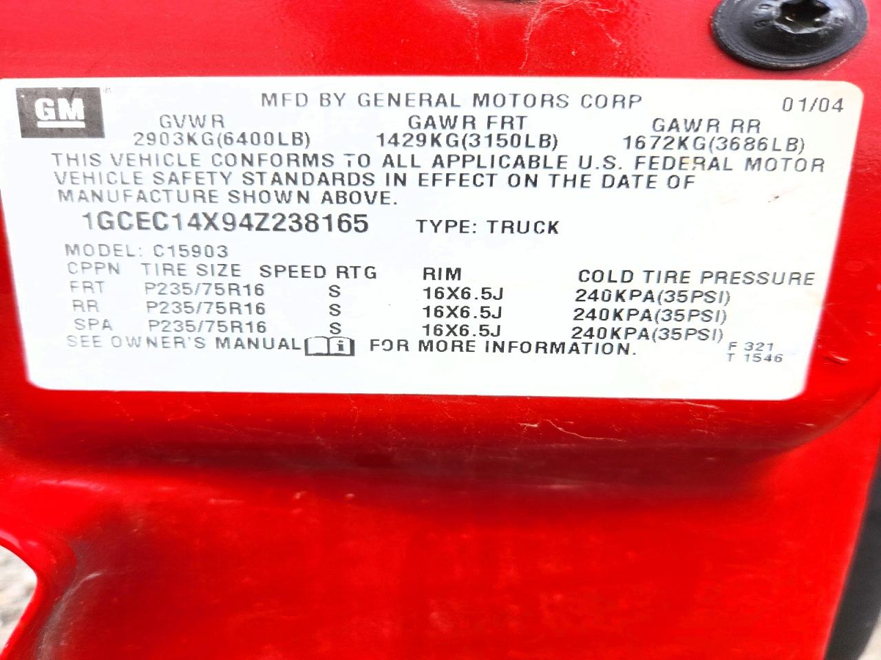 2004 Chevrolet Silverado C1500 Red vin: 1GCEC14X94Z238165
