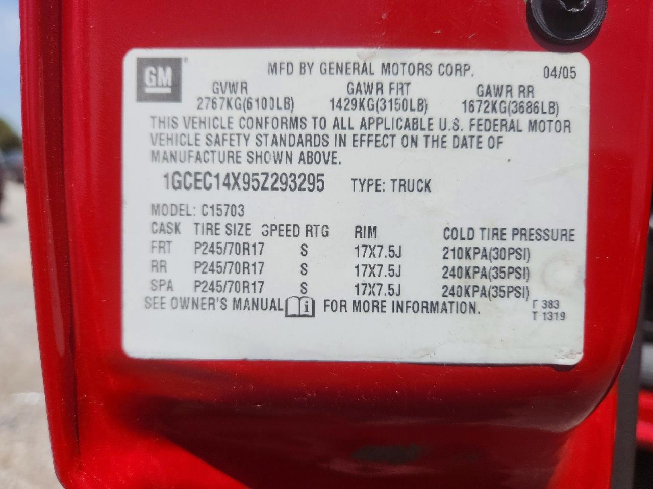 2005 Chevrolet Silverado C1500 Red vin: 1GCEC14X95Z293295